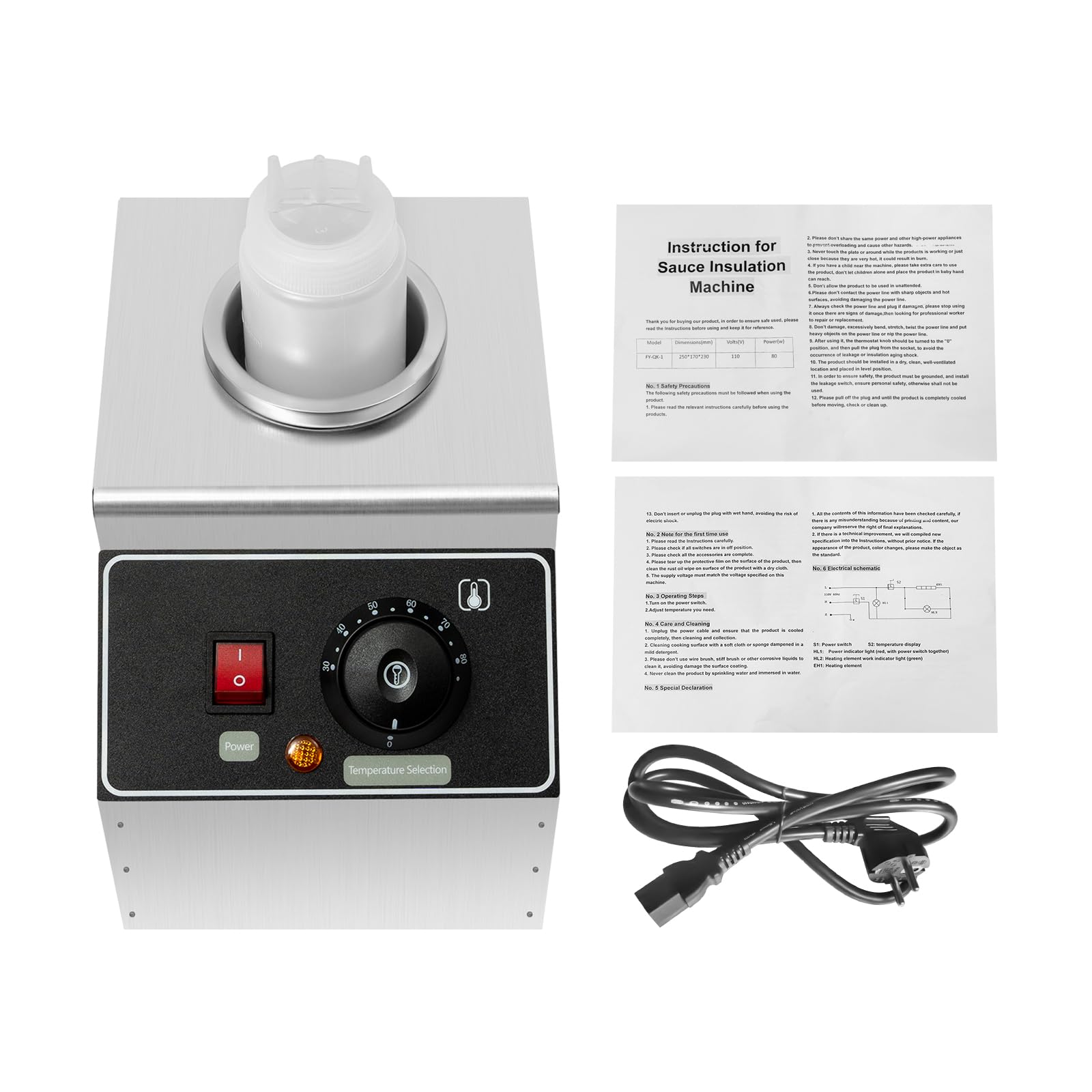 Chauffe-sauce électrique Chauffe-fromage Distributeur en acier inoxydable avec bouteille de 0,57 L, 80W, 220V, pour restaurants, cafés et fêtes - Fonction de maintien au chaud compacte pour