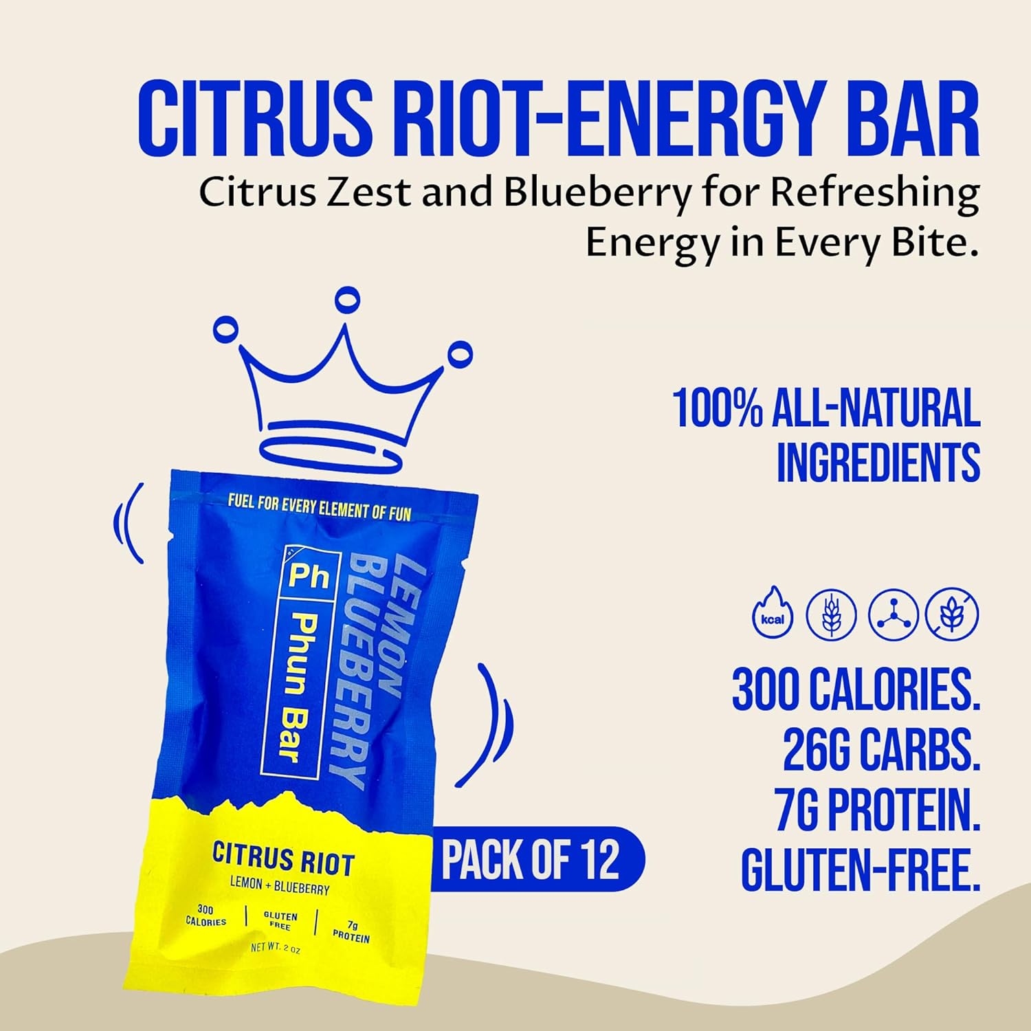 Phun Bar Citrus Riot Energy Bars (Pack of 12) | Lemon + Blueberry | 300-Calorie Gluten-Free Sports Energy Bars with Sustained Energy for Cycling, Endurance Training, Long Rides & Active Days