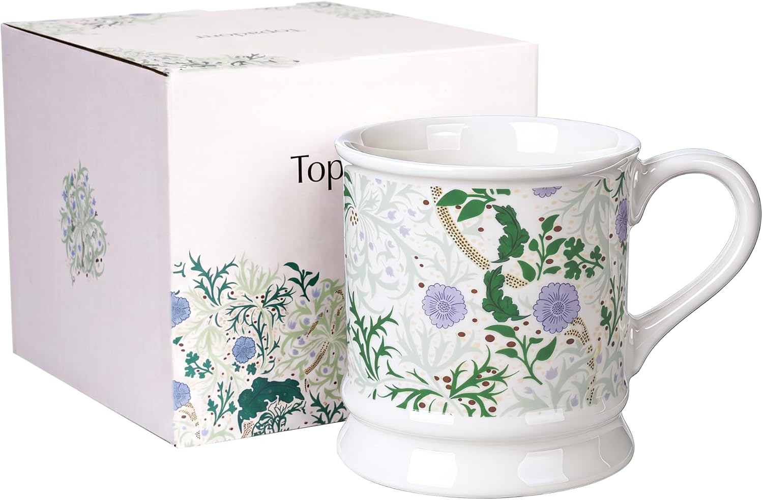 Topadorn 15 oz Ceramic Coffee Mug, Green Botanical Floral Mug with Gift Box