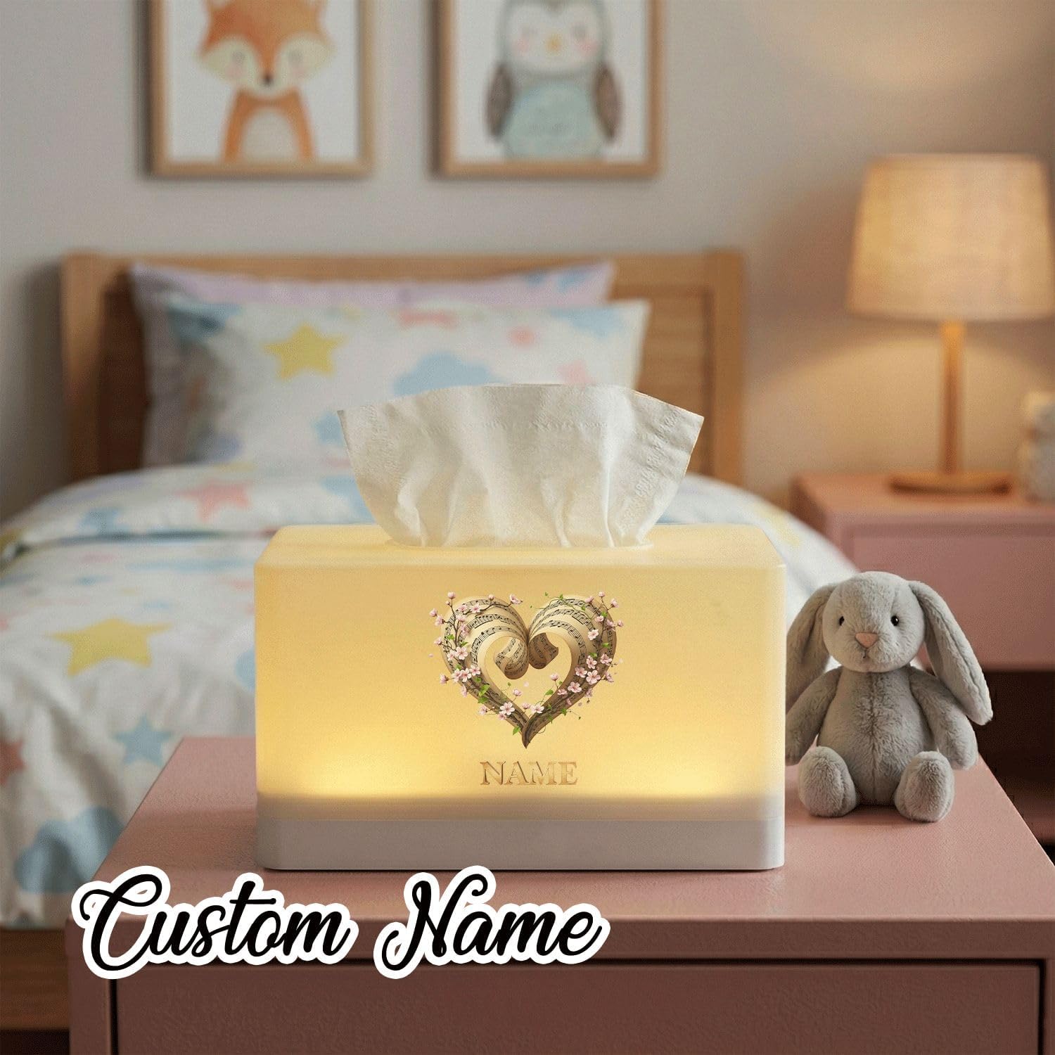Personalized Tissue Box Cover with LED Night Light, Rechargeable Table Lamp with Music Note Heart Design, Custom Name for Bedroom, Nursery Decor image 3