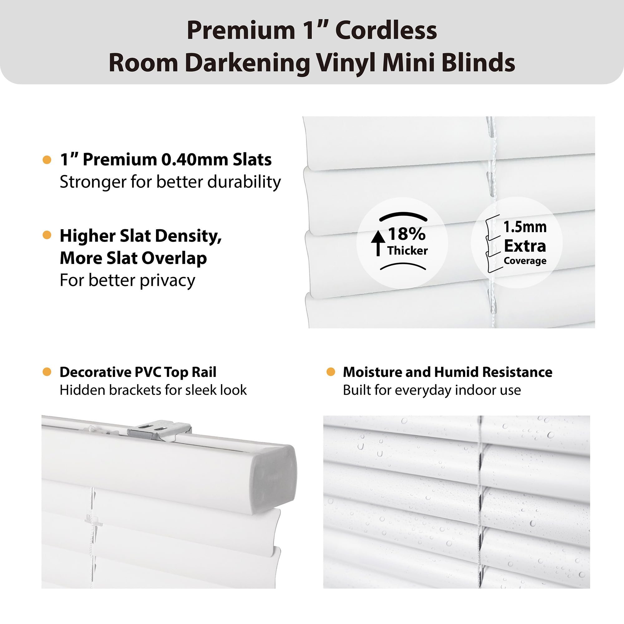 DEZ FURNISHINGS Premium Cordless 1" Room Darkening Vinyl Mini Blinds, 26" W x 48" H, White - 3