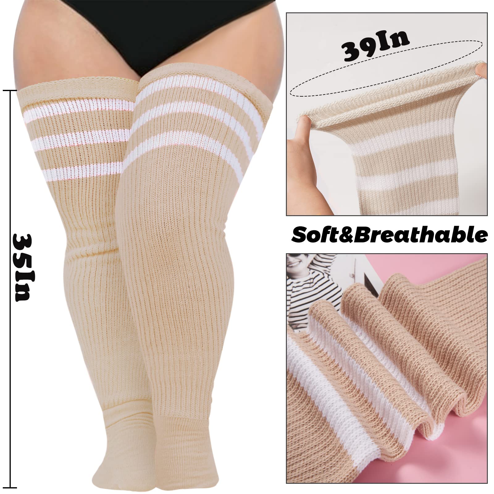 Abodhu Plus Size Thigh High Socks for Thick Thighs Women- Extra Long Widened Extra Long Thick Knit: Beige & White Striped