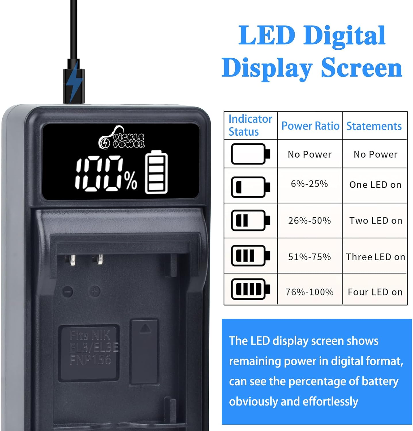 EN-EL3E EN-EL3 EN-EL3A Battery and LED Charger Compatible with Nikon D50 D70 D70s D80 D90 D100 D200 D300 D300S D700 Digital SLR Cameras