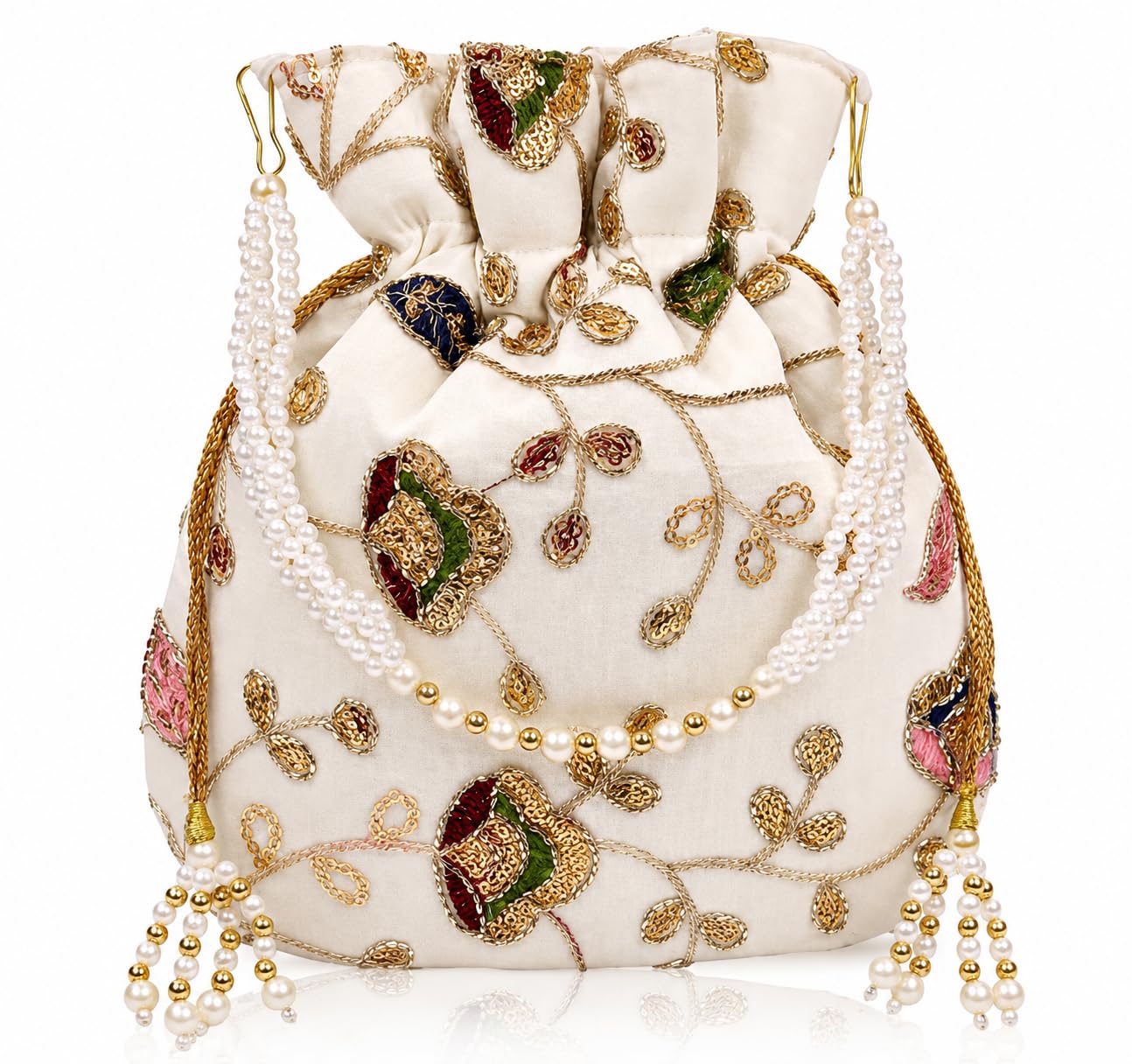Traditional Indian Wedding Potli Bag - Off White Silk Handbag with Gold Zardosi Embroidery & Pearl Wristlet Strap - Elegant Bridal Batwa Purse for Festivals & Gifting-image-29