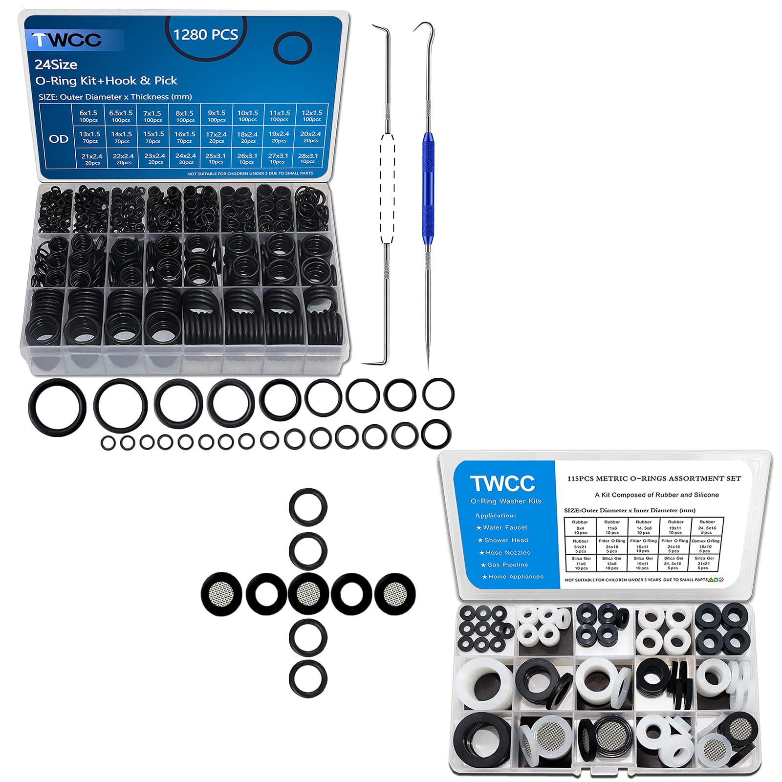 TWCC 1395PCS 24 Size O Ring Kit+16 Size Rubber Washers Assortment Kit for Plumbing Faucet Water Pipe Garden Hose Washers Shower Heads Gasket Repair and Air or Gas Connections