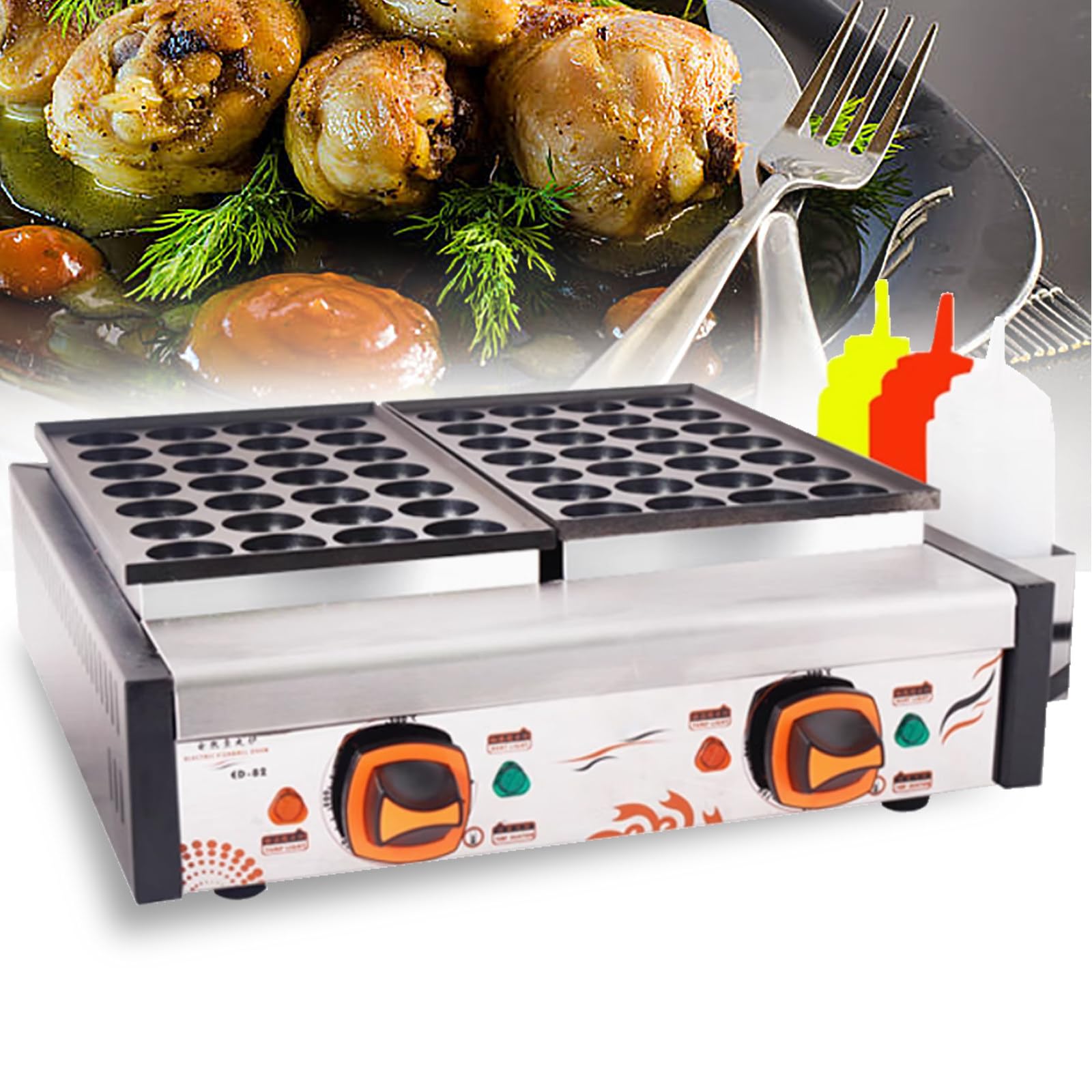 Dfdieratve Commercial Takoyaki Pan, Electric Takoyaki Grill, 56pcs Octopus Meat Fish Ball Maker, 2 Non-Stick Plates 3.3kW High Power Takoyaki Maker Machine, for Street Food Stalls, Food Trucks