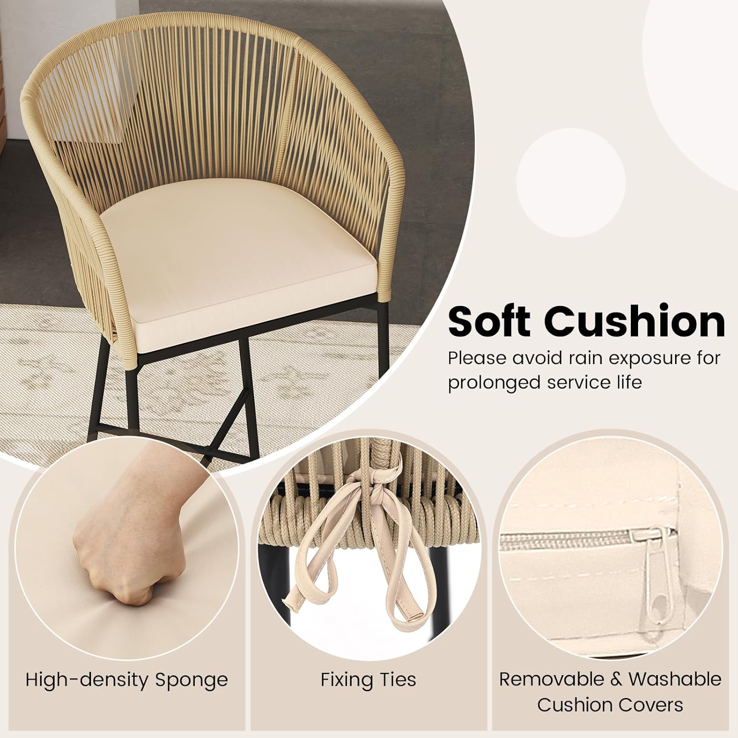 Tangkula 3 Pieces Rope Woven Patio Bar Set, Outdoor High Table and Chairs Set with Soft Cushions and Acacia Wood Tabletop, Outdoor Counter Height Bistro Set for Balcony, Garden and Backyard