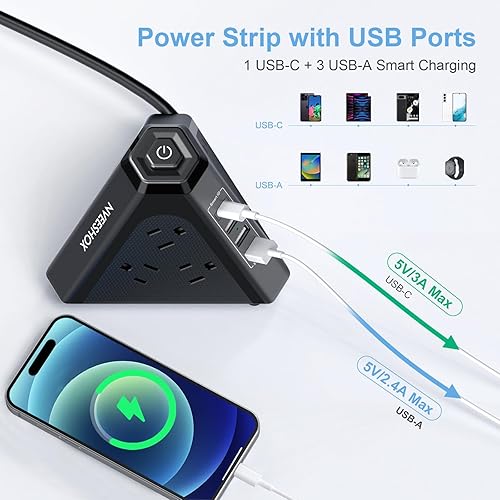 Miniatura 3 de NVEESHOX - Regleta de alimentación con protector de sobretensiones en torre, 9 salidas de CA con 4 puertos USB (1 USB C), enchufes triangulares de 3