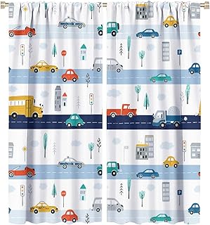 Kids Road Construction Window Curtains, Multicolor Set Cars Bus Truck Taxi Cute Traffic Transportation Window Treatments Drapes for Teens Boys Girls Bedroom 42x45in