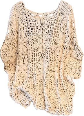 MakeMeChic Women's Plus Size Crochet Boho Tops Summer Vacation Beach Cover Ups Sweater