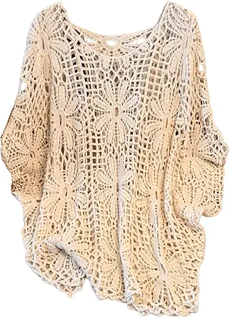 MakeMeChic Women's Plus Size Crochet Boho Tops Summer Vacation Beach Cover Ups Sweater