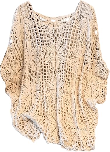 MakeMeChic Women's Plus Size Boho Tops Crochet Sweater Dolman Sleeve Beach Cover Up