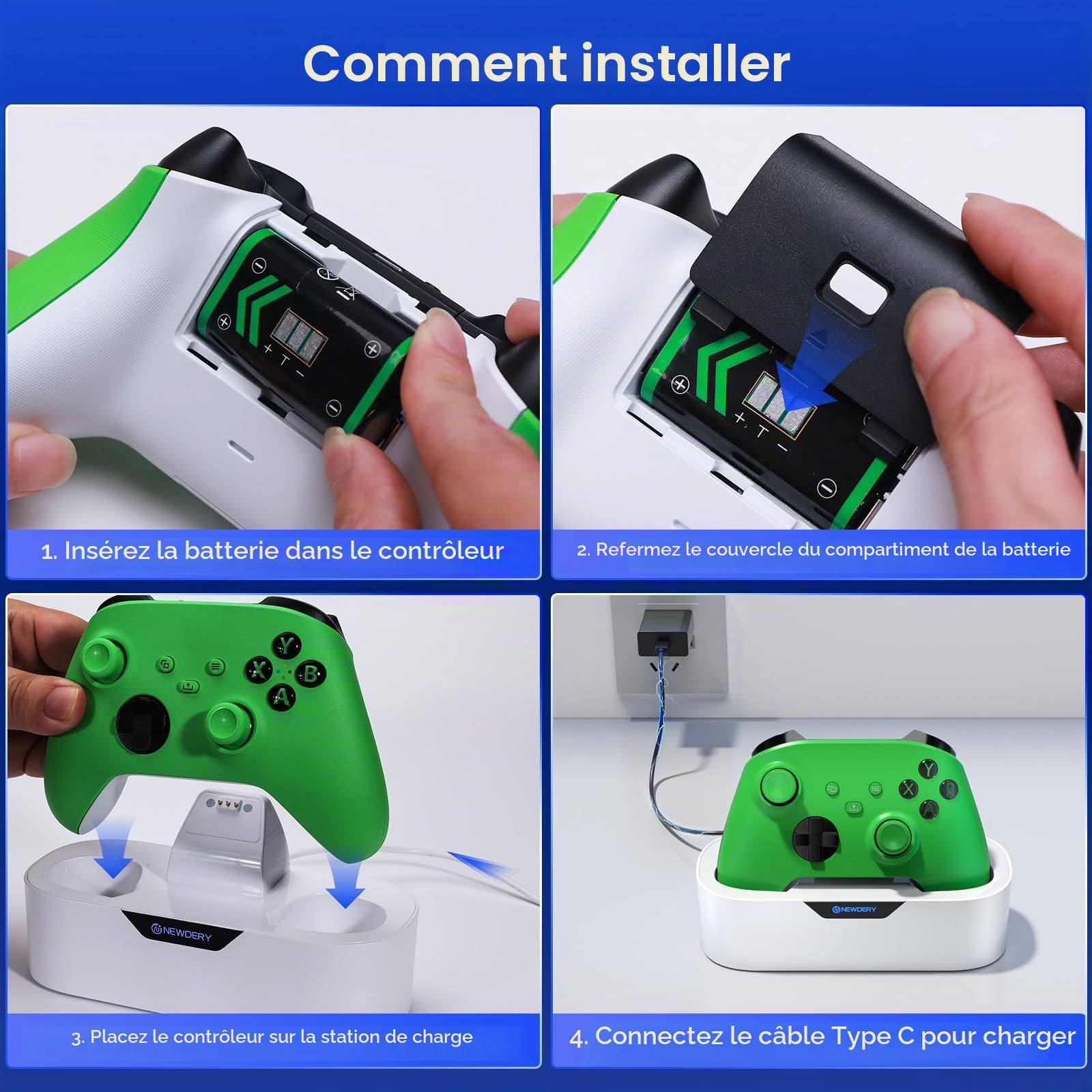 NEWDERY Station de Charge Unique pour Manette Xbox, Batterie Rechargeable de 5280 mWh, Charge Rapide en 4 Heures, Fonction de Rangement à Domicile, Compatible avec Les manettes Xbox One/Series X|S