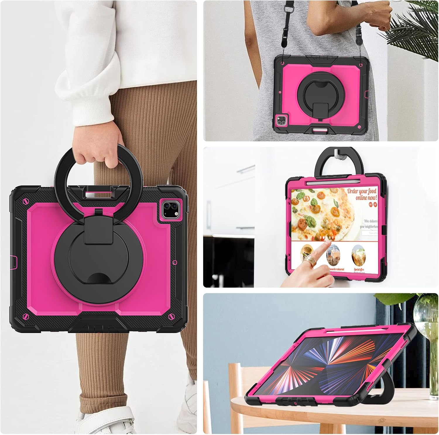 Case for iPad Pro 12.9-Inch 6th/5th/4th Generation 2022/2021/2020 with Pencil Holder, [3-Layer] Heavy Duty Protective Case with 360° Rotating 180° Folding Handle Kickstand,Rosered+Black