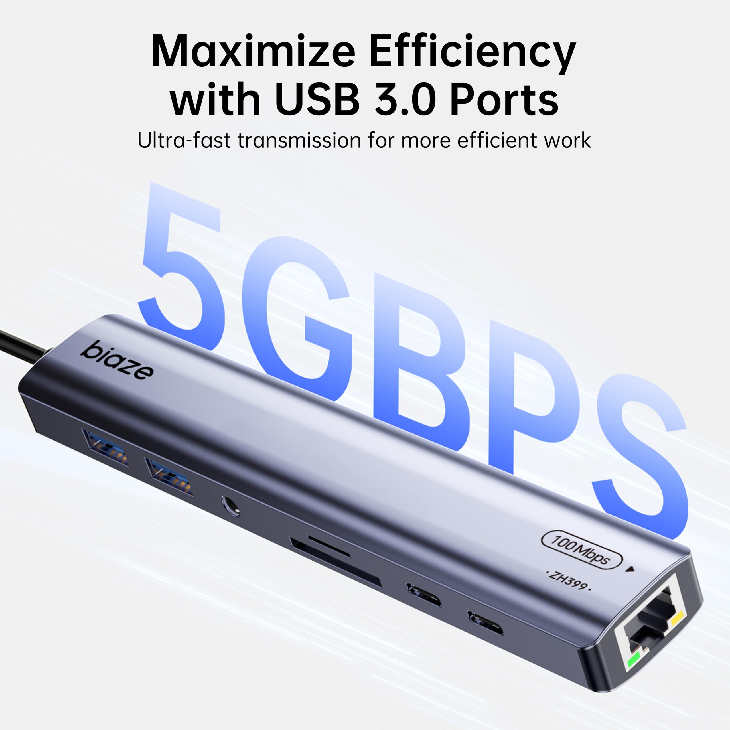 Adaptador 9 en 1 USB/USB C para MacBook, iPhone, 3 puertos USB (2 USB 3.0, USB 2.0), Ethernet de 100 m, lector de tarjetas SD/TF, audio de 3.5 mm, 2 puertos de datos USB-C, no requiere