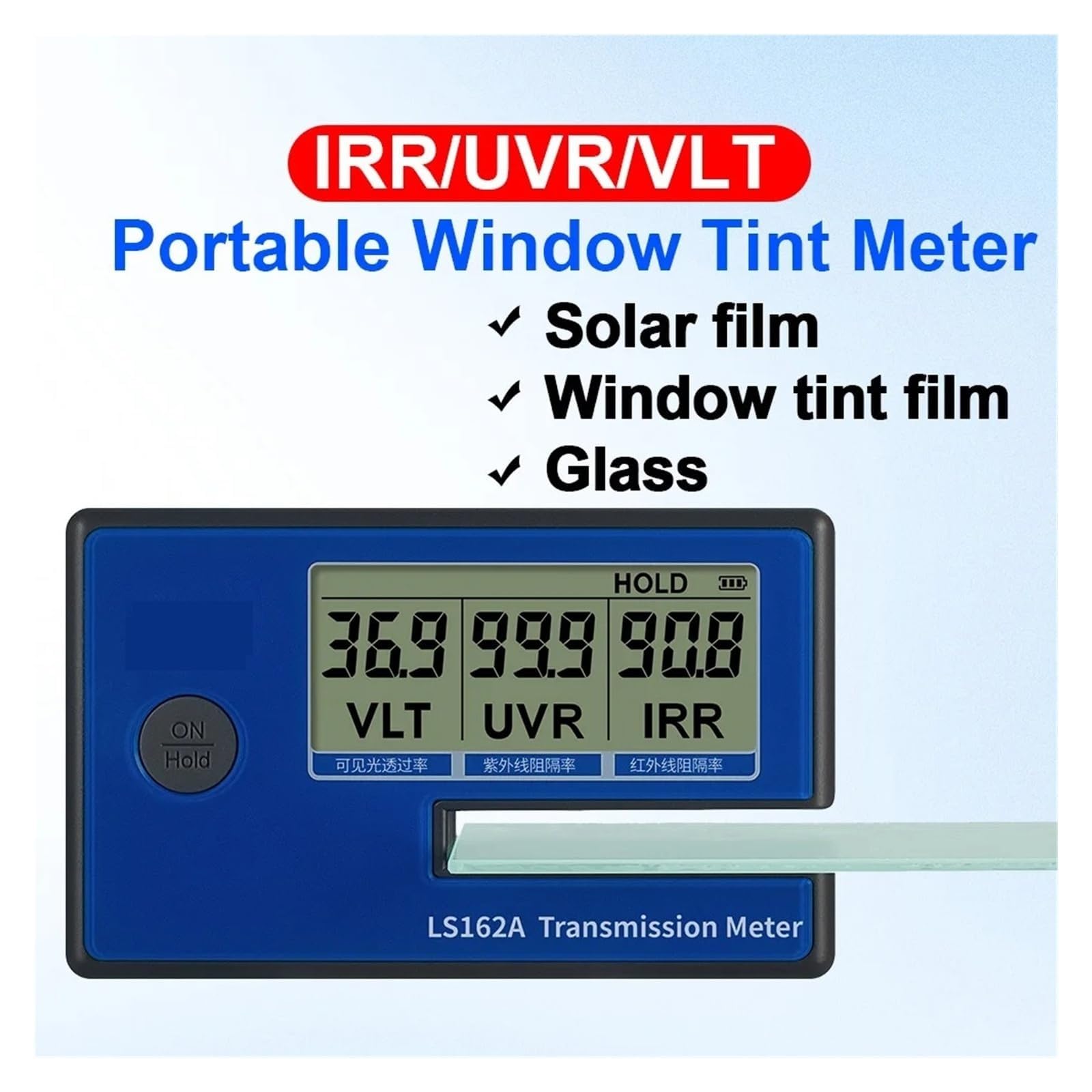 Medidor de Tinte de Ventana de automóvil portátil LS162/LS162A | VLT 380 nm–760 nm, UV 365 nm, IR 940/1400 nm, resolución 0,1 %, capacidad de calibración en tiempo real(LS162)