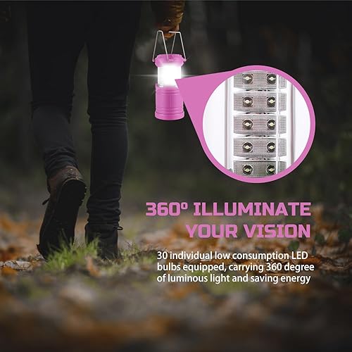 Miniatura 2 de Lichamp Paquete de 4 linternas LED rosas para campamento, luces LED superbrillantes, plegable, kit de suministros de emergencia portátiles, A4PK