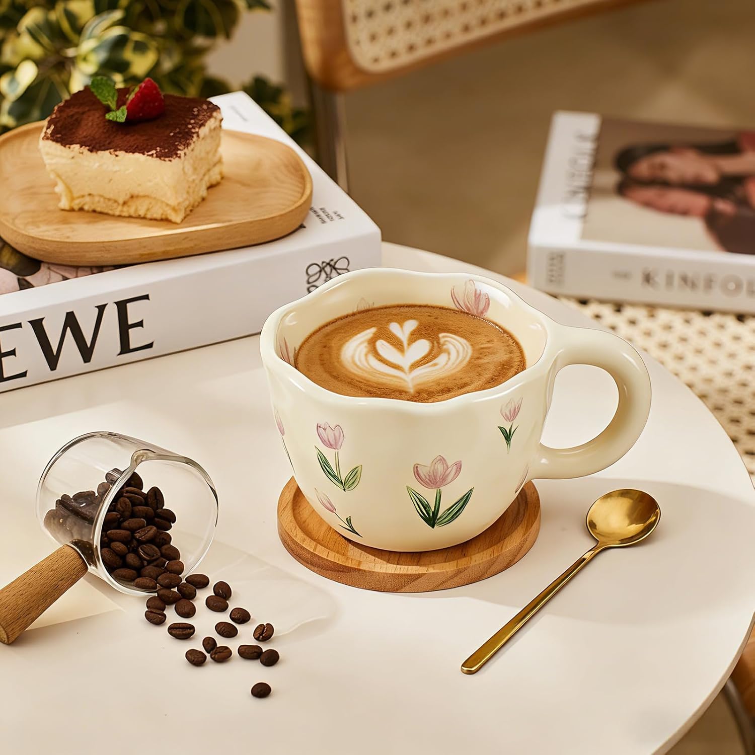 Kawlity 4 Styles Vintage Flower Mugs, 8oz Ceramic Coffee Mug Set with Spoon, Aesthetic Floral Cute Tea Cups with Handles, Porcelain Floral Mugs for Coffee Milk Juice Slushies Oats - Image 5