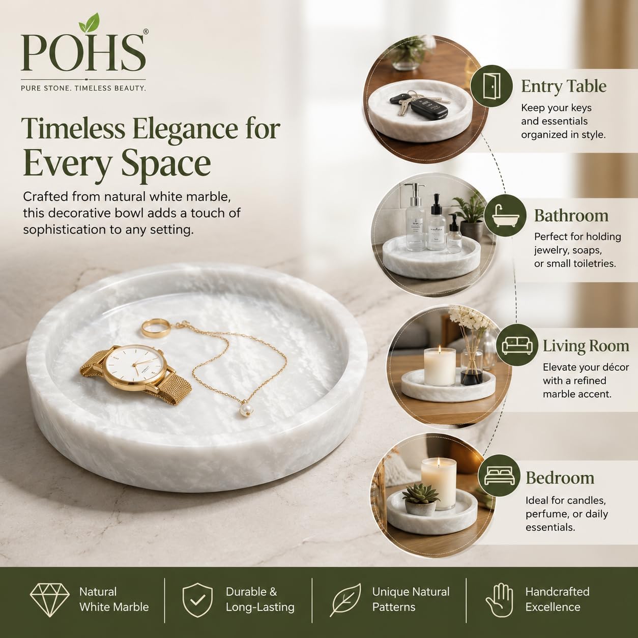 POHS White Marble Decorative Bowl – 7.8 Inch Solid Stone Bowl – Marble Fruit Bowl, Entryway Key Bowl, Catchall Tray for Kitchen, Coffee Table & Home Decor – Modern Minimalist – White/Grey