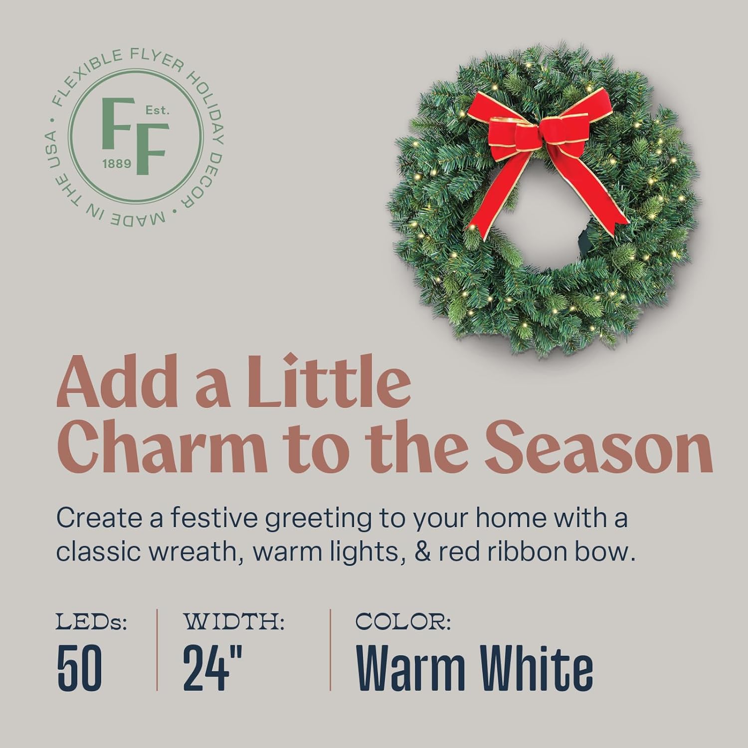 Flexible Flyer Battery Operated Wreath for Front Door. Pre-Lit Evergreen Xmas Lighted Holiday Christmas Outdoor Timer, 24", Red Ribbon Bow