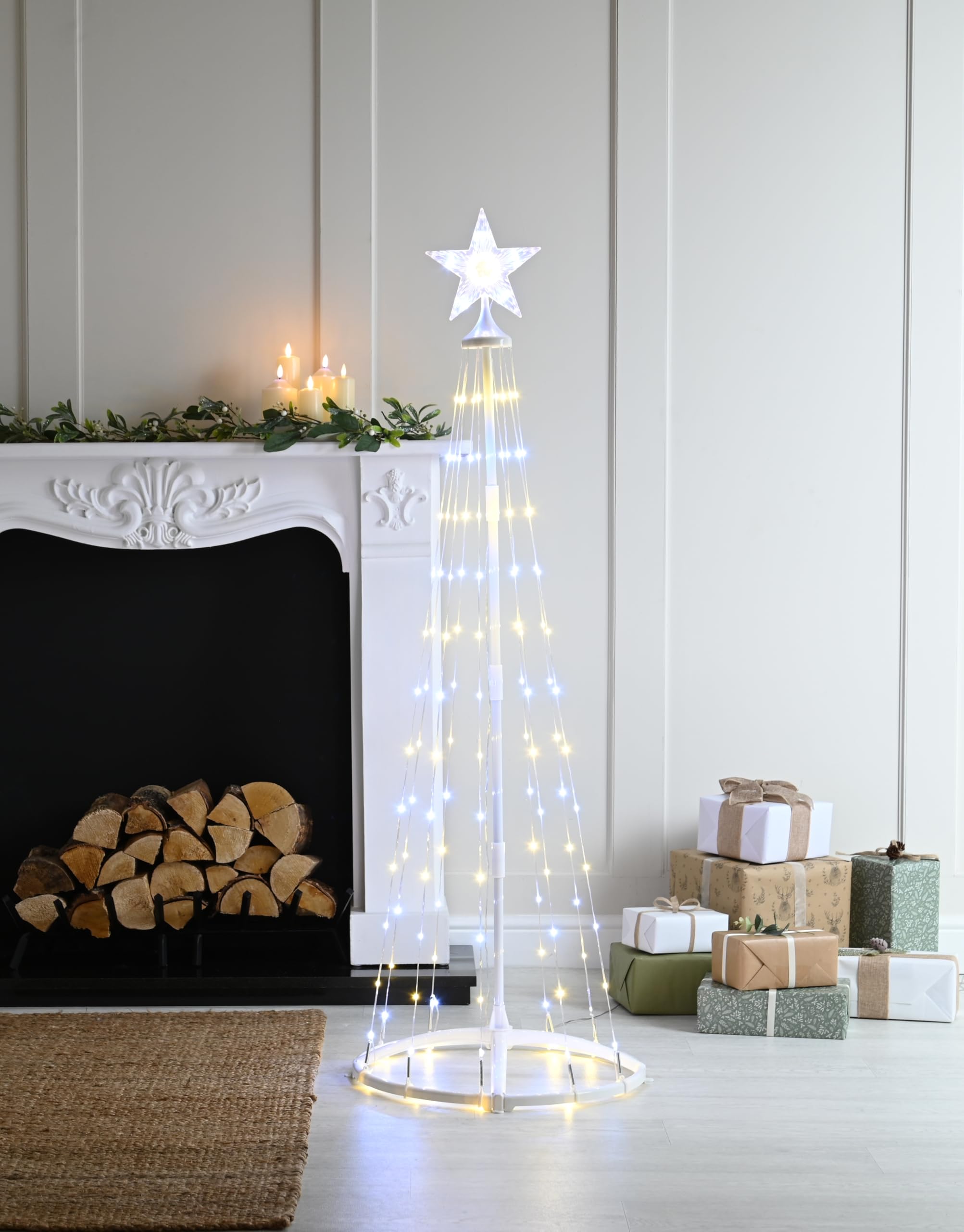 Festive 150cm Tall 127 White & Warm White LEDs Cone Tree Pyramid Mains Powered