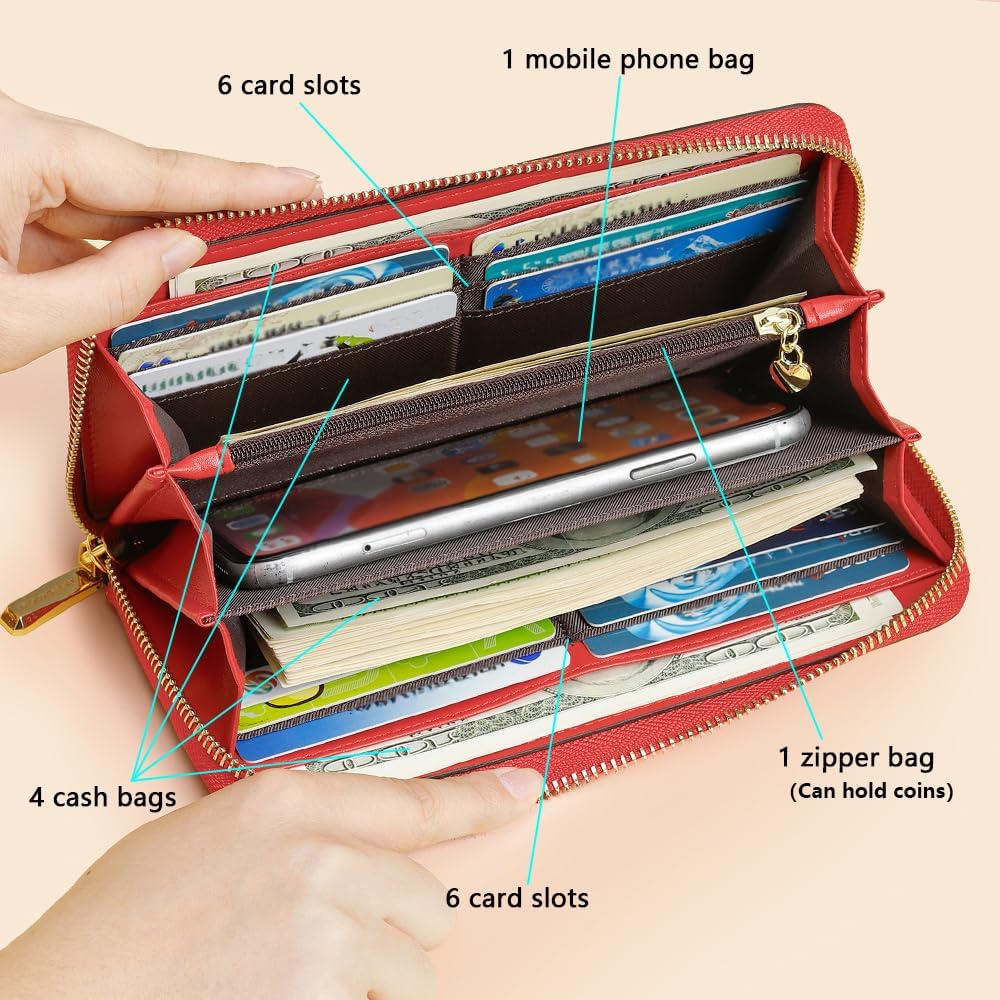 Fashion RFID Leather Wallet - Women's Hand-Held Bag, Credit Card Clip Bag, Long Capacity Coin Purse, Zipper Multi Card Slot Wallet (Red) - Image 2