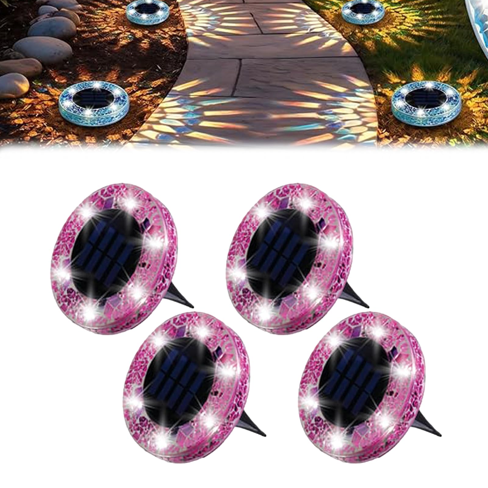 Miepkvl Mosaic Solar Disk Light, Solar Ground Disk Lights, Waterproof Garden Flat Solar Floor Light, Mosaic LED Garden Stake Lighting Auto On/Off for Walkway, Patio & Lawn (Purple,4PC)