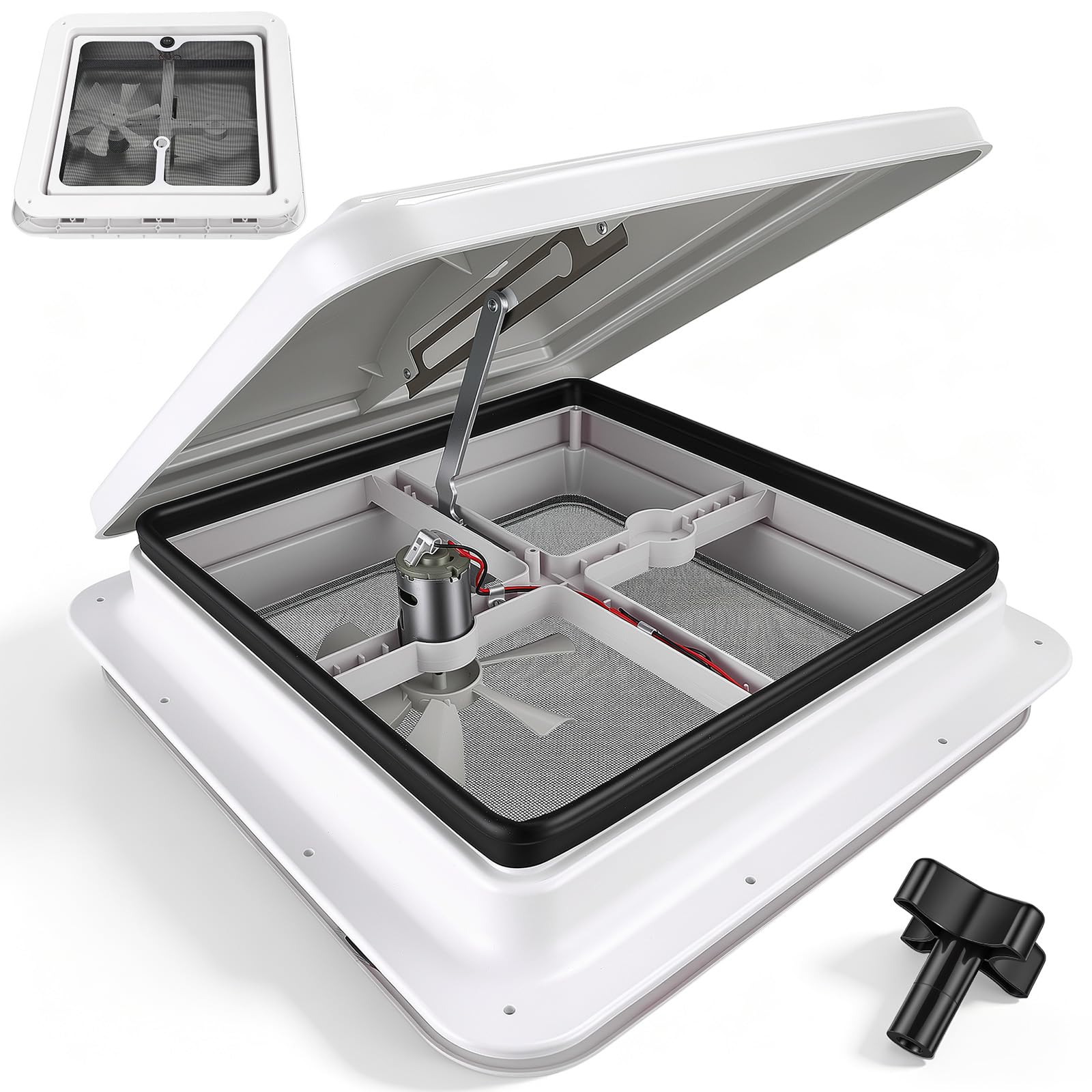420mm x 420mm Campervan Skylight Roof Vent with Built-in 12V Fan, Fly Net & Blind for Caravan Van Roof Vent Motorhome RV Horsebox, 350mm Cut-out, White