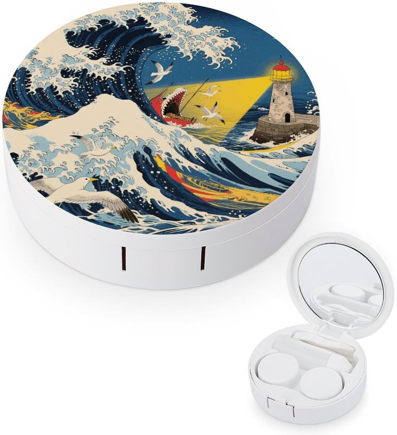 Japanese The Great Wave Off Kanagawa Contact Lens Case with Cleaner Washer Cute Contact Lens Soak Storage Holder Container with Mirror Mini Portable Contact Lens Box Set for Travel Outdoor Use