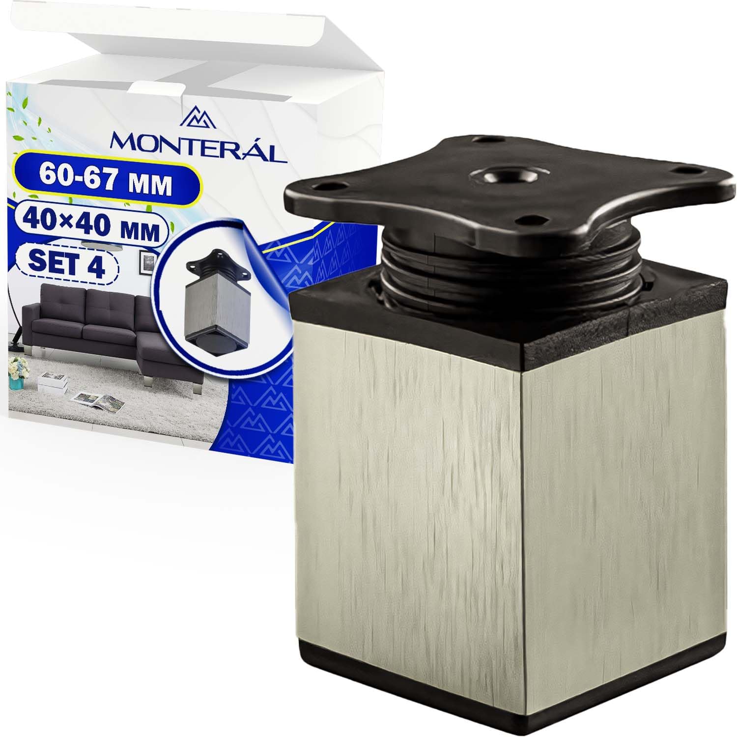MONTERAL 4 Pieces Adjustable Furniture Legs 60 mm Extendable to 67 mm Profile 40x40 mm