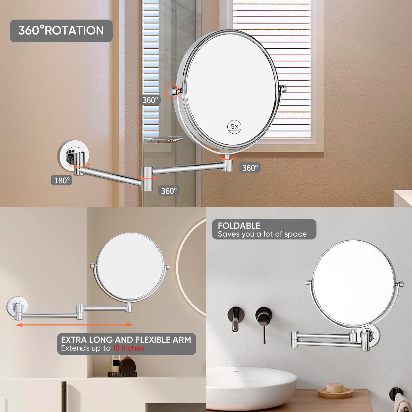 Nicesail Espejo cosmético de pared con aumento de 5 x, brazo largo, extensible, giratorio 360°, espejo de doble cara, espejo de aumento para baño, cromado, diámetro 20 cm