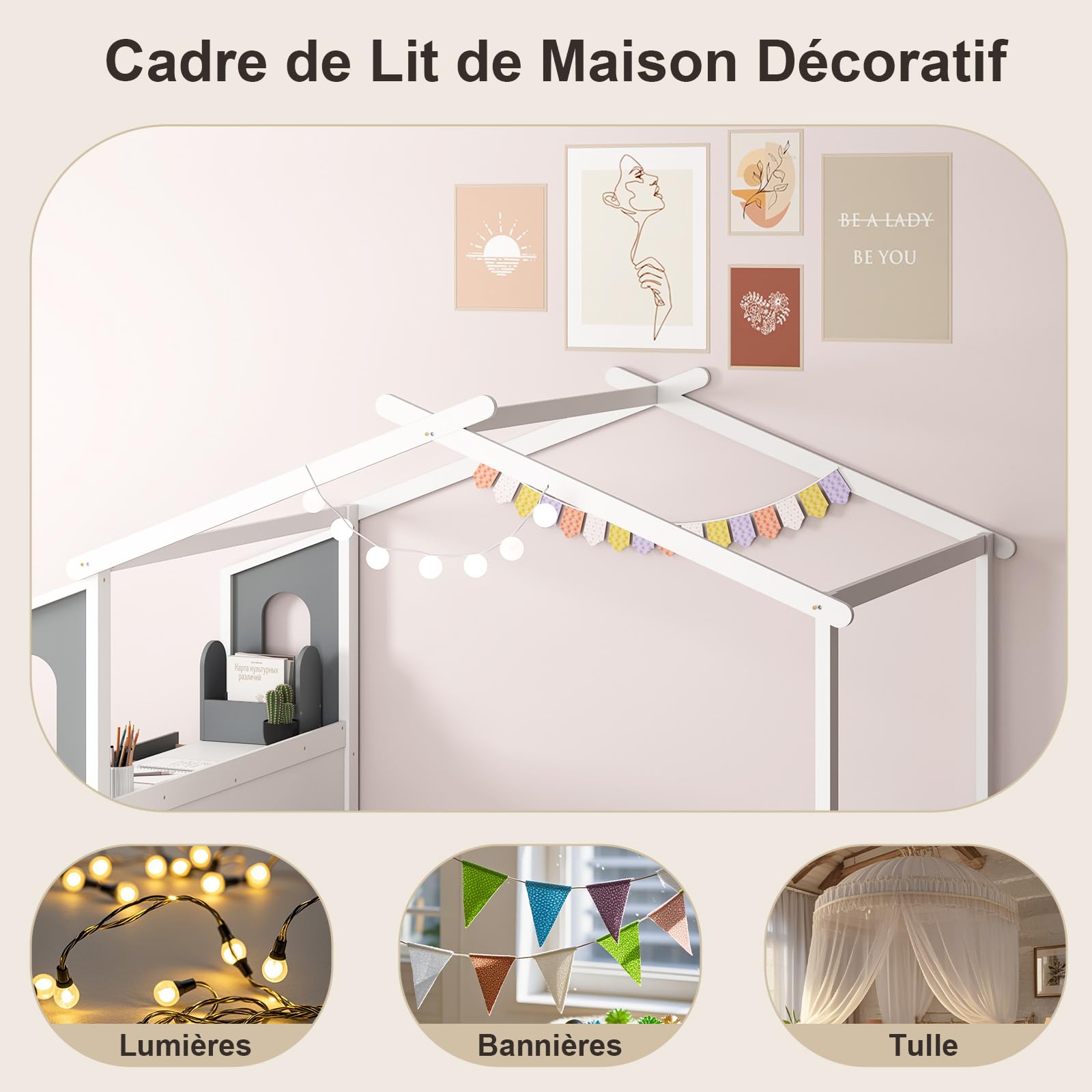 COSTWAY Lit Cabane Enfant 140 x 200 cm avec Grand Bureau, Lit Maison Double en Bois avec sommier à Lattes, Crochets et Tiroirs, Cadre de Lit Plateforme pour Garçon et Fille, Blanc et Gris
