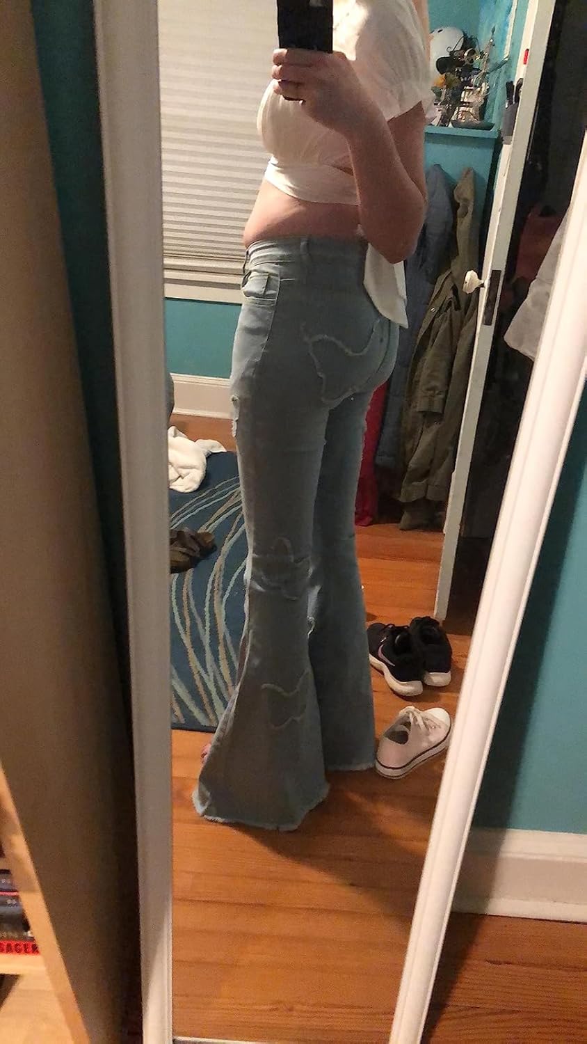 Women's Butterfly Bell Bottom Jeans Elastic High Waisted Embroidered Classic Flareed Jeans Raw Hem Denim Pants with Pocket - Image 8