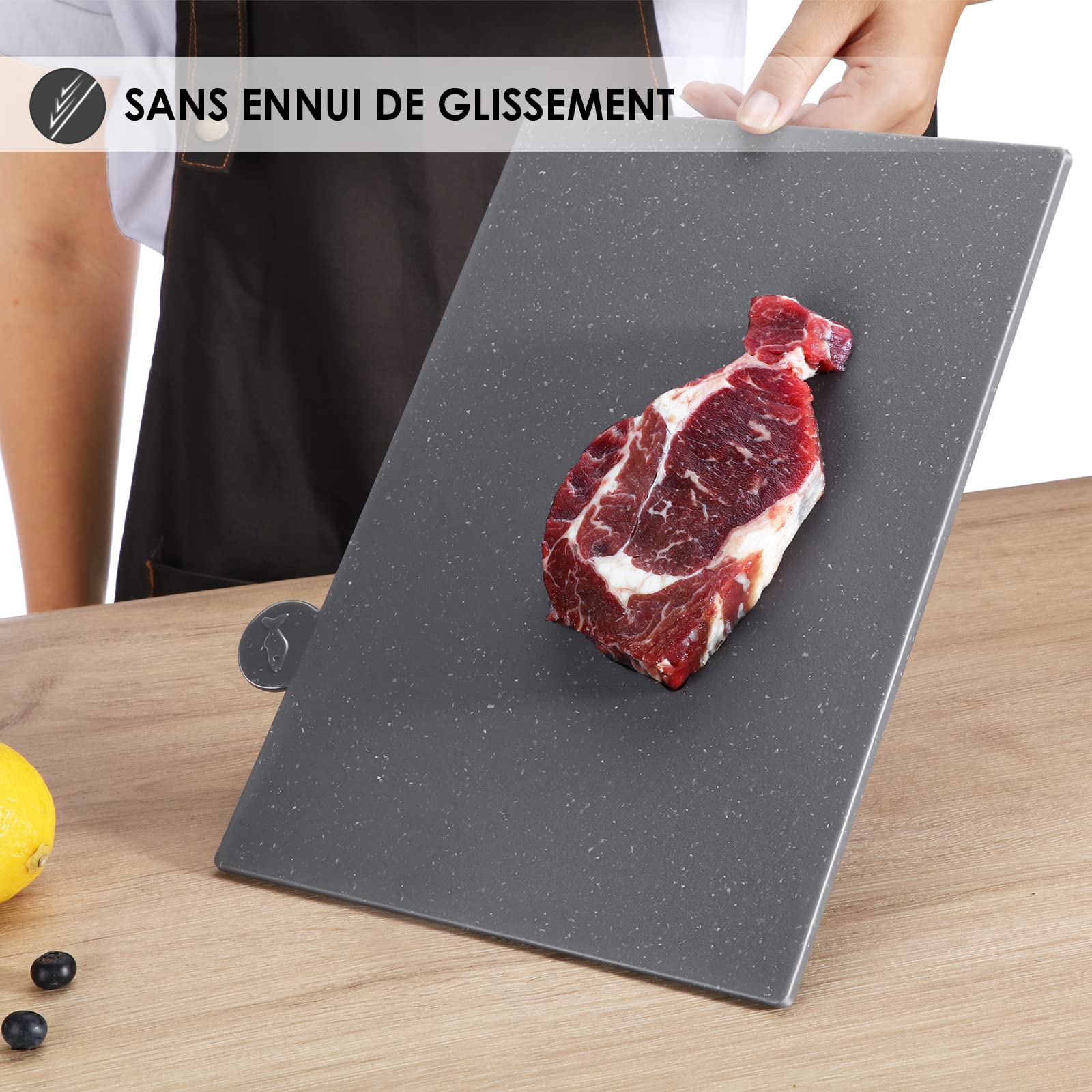 MASTERTOP Ensemble de 4 Planches à Découper Index, Planche à Découper Plastique Antidérapant avec Etui de Rangement, pour Préparation Séparée des Différents Aliments (Gris Dégradé)
