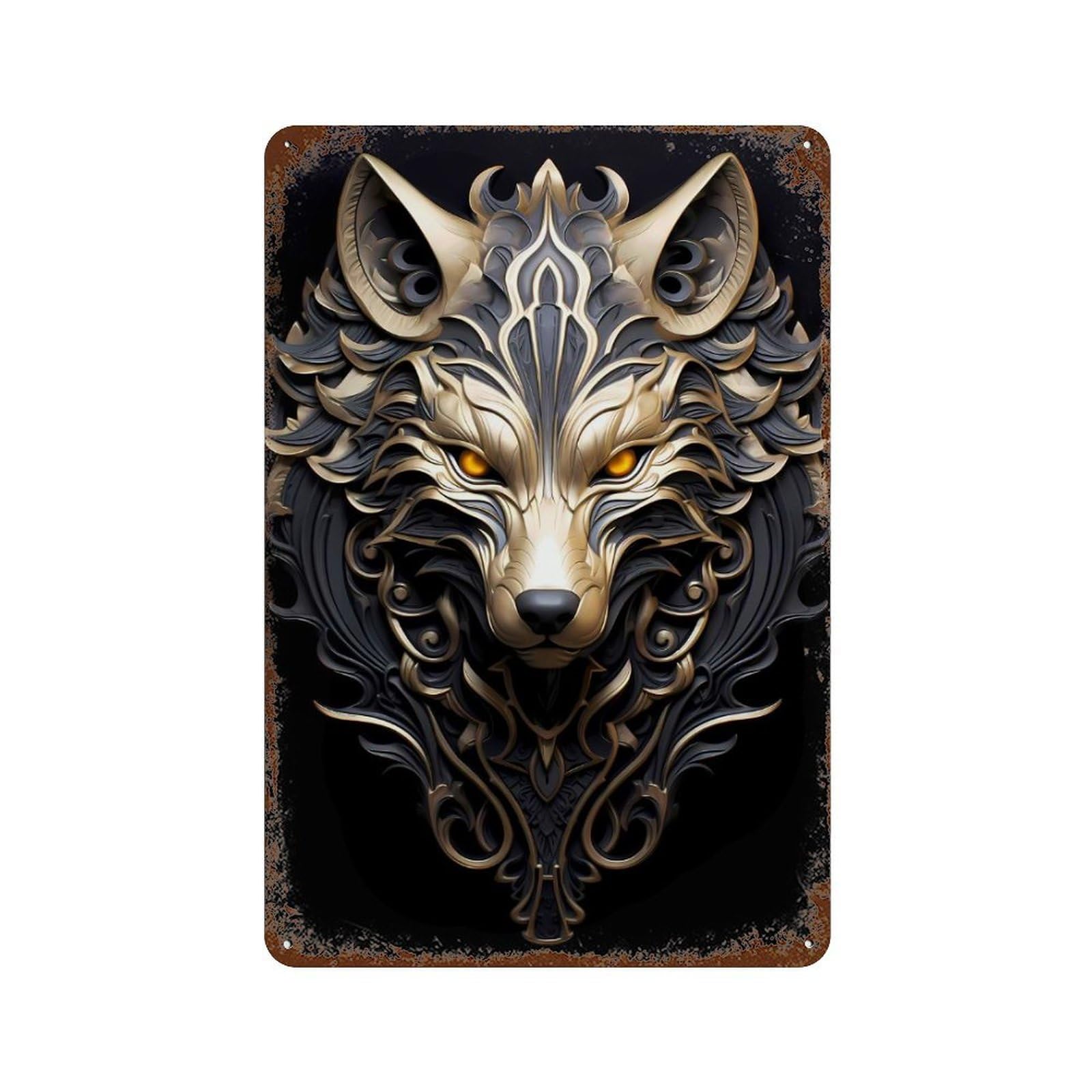 Monarch Golden Wolf Rust Effect Tin Sign 11.8"x7.9", Vintage Wall Decor for Bistro, Counter And Cafe Decor