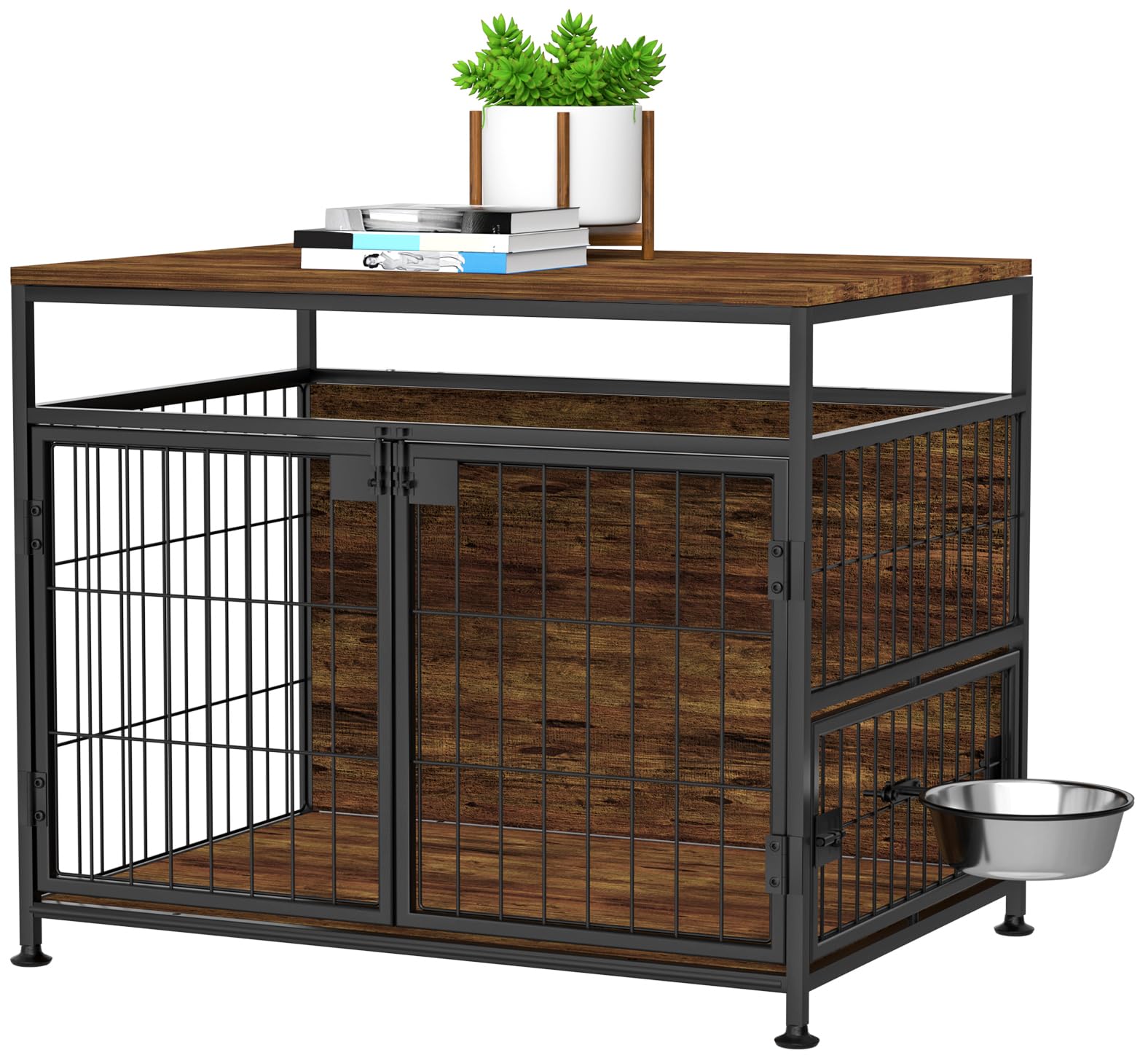 Dog Crate Furniture with Wheels, 31" Heavy Duty Wooden Side End Table, Indoor Dog Kennel Furniture for Small/Medium Dog, Double Doors & 360 Degree Rotating Stainless Bowl 31" Lx21.6 Wx27.5 H