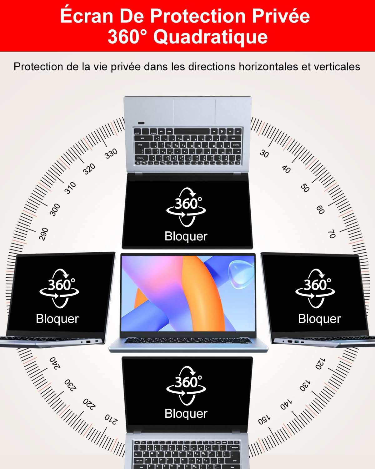 360° 15.6 Pouces Filtre de Confidentialité 16:9,New 2025 Protection Ecran Anti-Espion Anti-Reflet,Laptop Privacy Screen Protector Compatible avec Lenovo/Dell/HP/Asus/Samsung/Acer/ThinkPad
