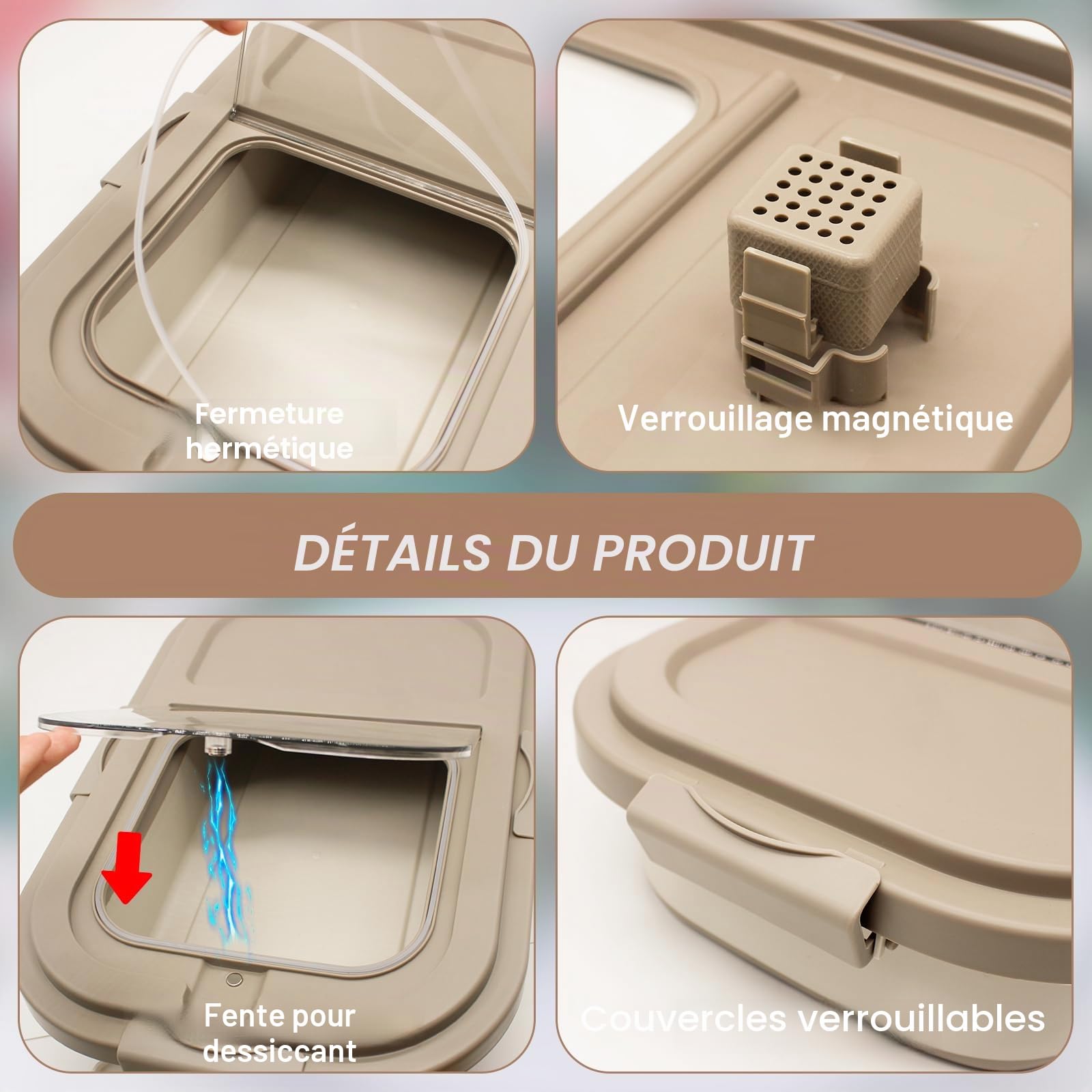 Conteneur à Croquettes pour Chien et Chat, Capacité 7-10 kg, Boîte de Stockage Pliable avec Roues, Cuillère et Tasse à Mesurer, Rangement Aliments Secs, Beige Kaki