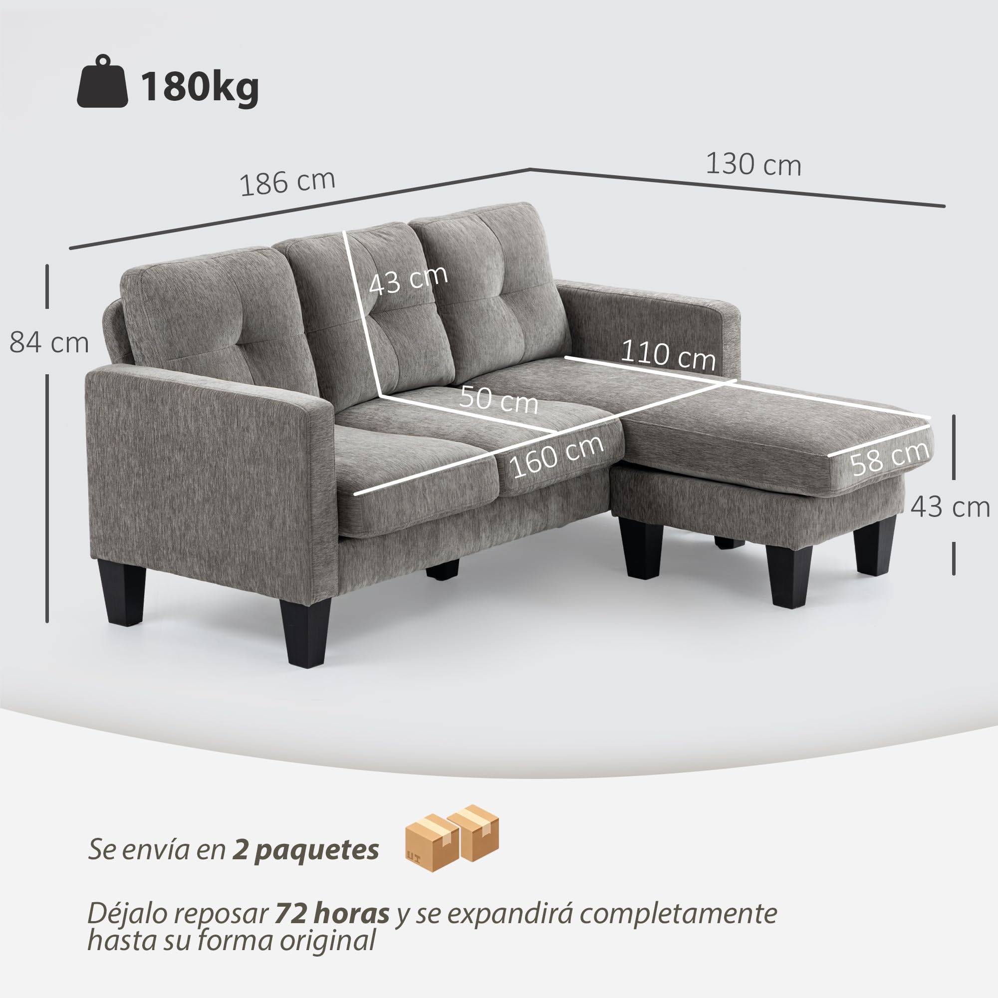 HOMCOM Sofá Chaise Longue Reversible, Sofá de 3 Plazas en Forma de L, Tapizado en Chenilla, Asiento y Respaldo Acolchados, Estructura de Acero, 186x130x84 cm, Marrón Topo