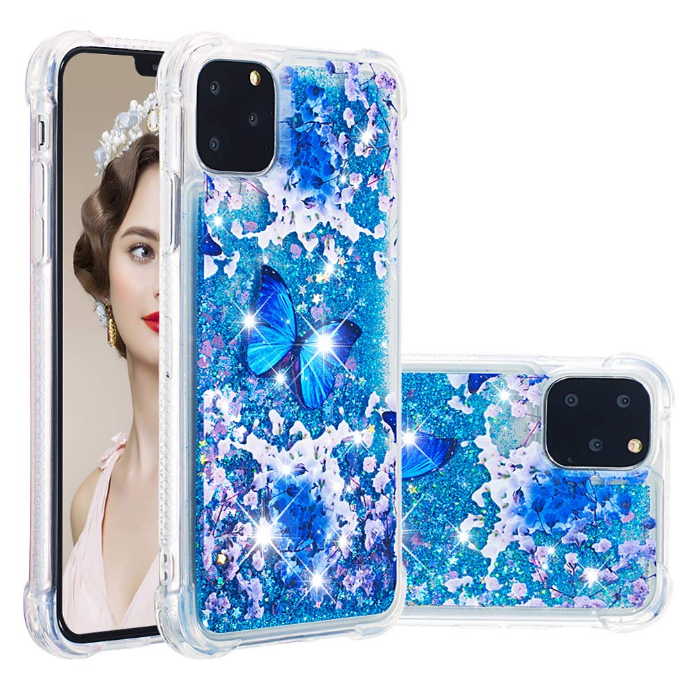 LEECOCO Case for iPhone 11 Pro Bling Glitter Liquid Sparkle Floating Crystal Printing Flower TPU Silicone Rubber Bumper Shockproof Protective Cover for iPhone 11 Pro 5.8 Inch YB-LS Blue Butterfly