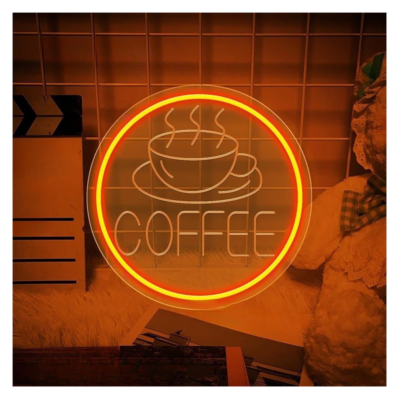 SHOUXI Sign Lamp Coffee Neon Sign Light Dimmable USB Powered for Bar Cafe Restaurant Party Art Wall Decor Window Hanging Night Lamp 35cmx35cm(C)
