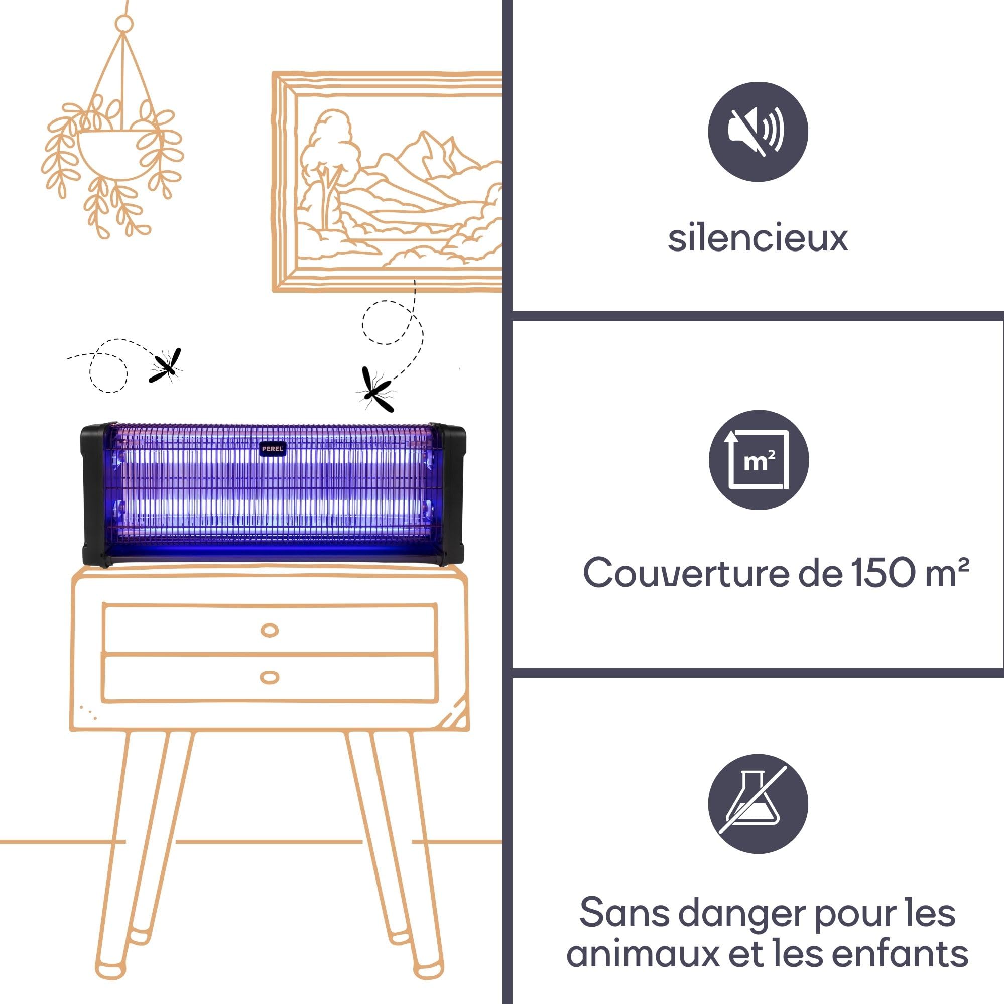 Perel Tueur d' Insectes UV électrique intérieur, Grille 2800V, Appareil Silencieux avec bac métallique Amovible, Couverture 150 m², Solution sans Produits Chimiques