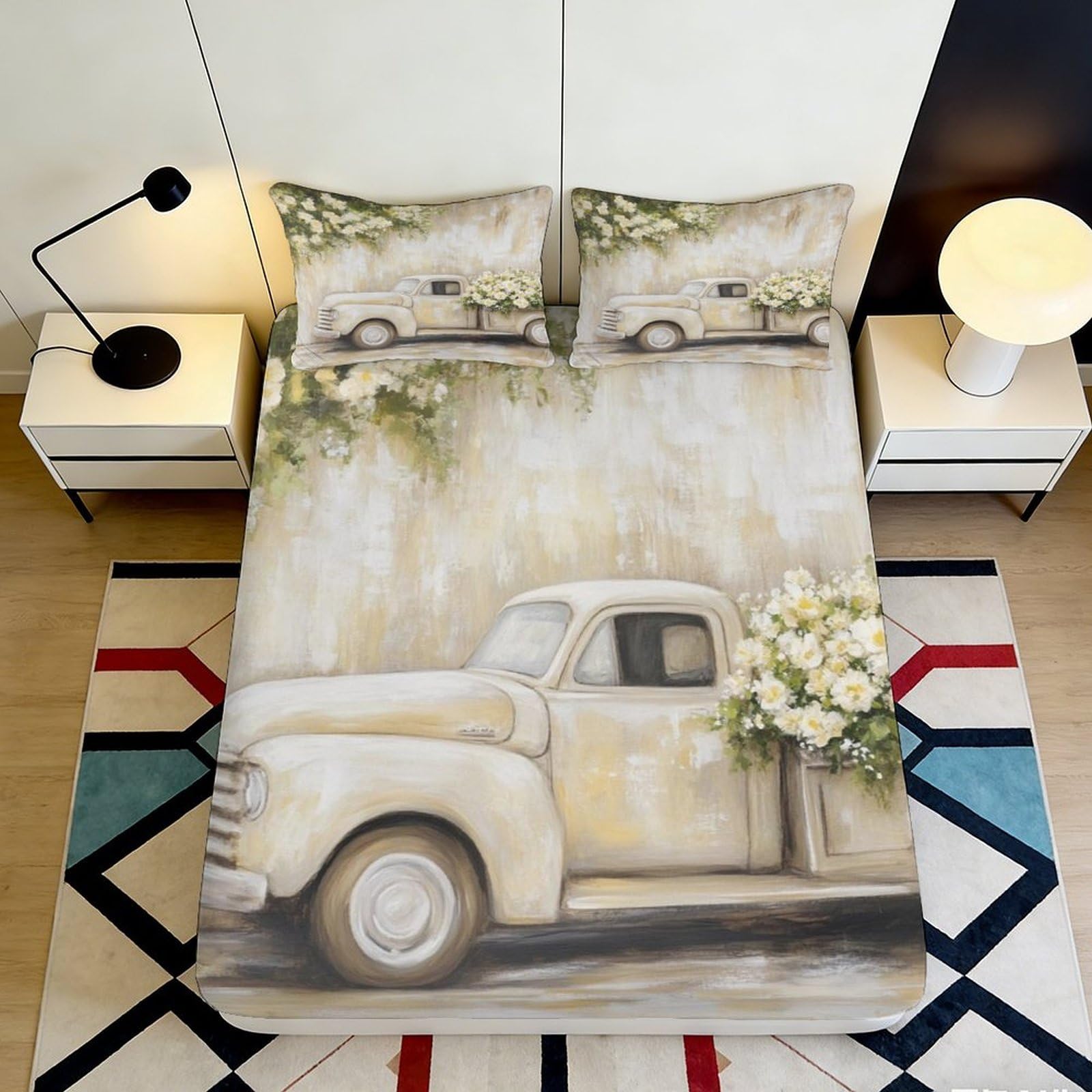 Tjiqhvmrn Style-1 3D Printed Vintage Truck Fitted Sheet Microfiber Deep Pocket Non-Slip Bedroom Bedding Retro Truck Mattress Fitted Cover Washable For Adults Teens 90X200x25cm