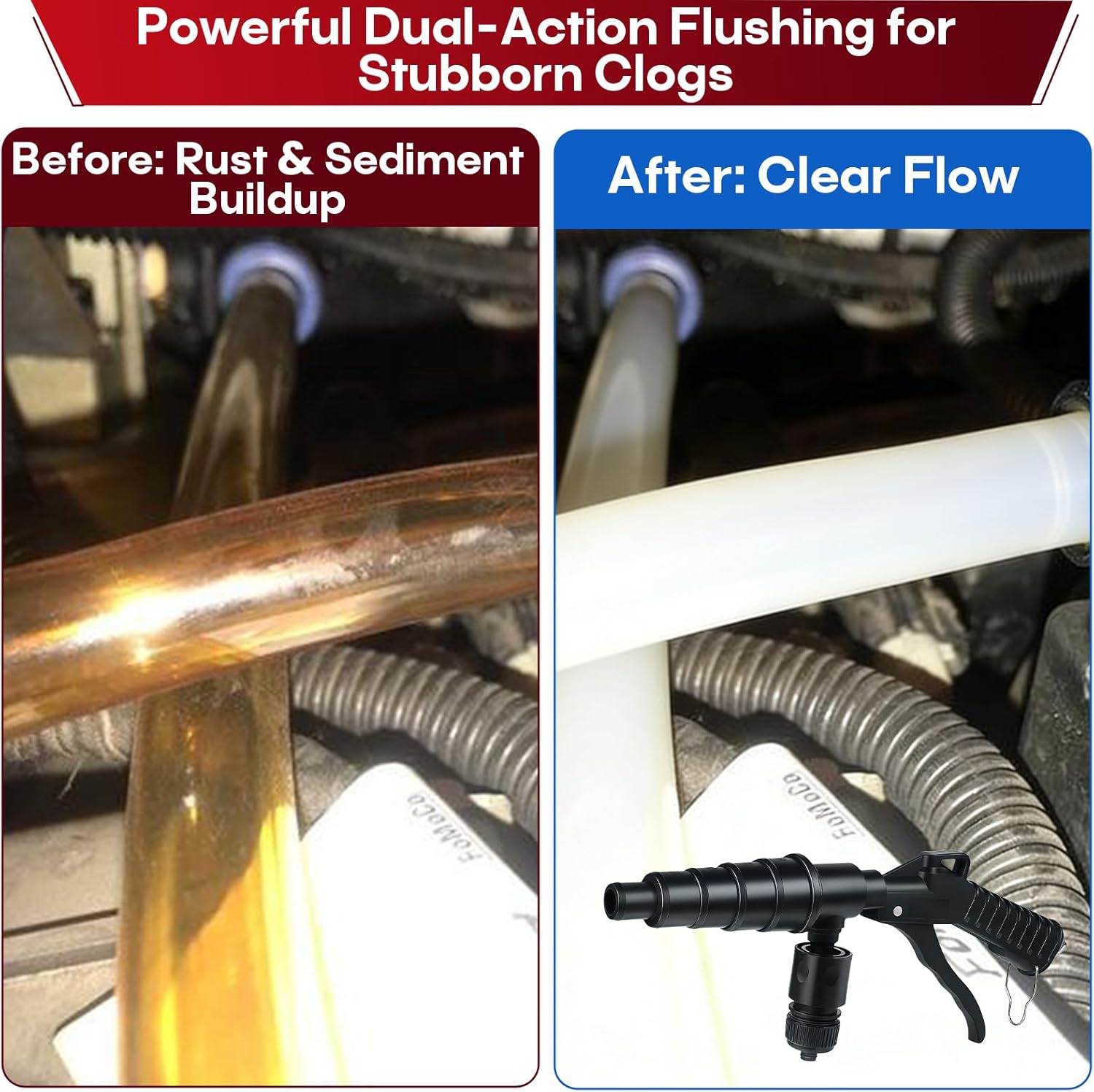 Lever Action Coolant Flush Gun – Radiator & Heater Core Flush Tool with Air and Water Connections, Includes Nozzles for 19-40mm Hoses, Automotive Coolant System Flush Gun
