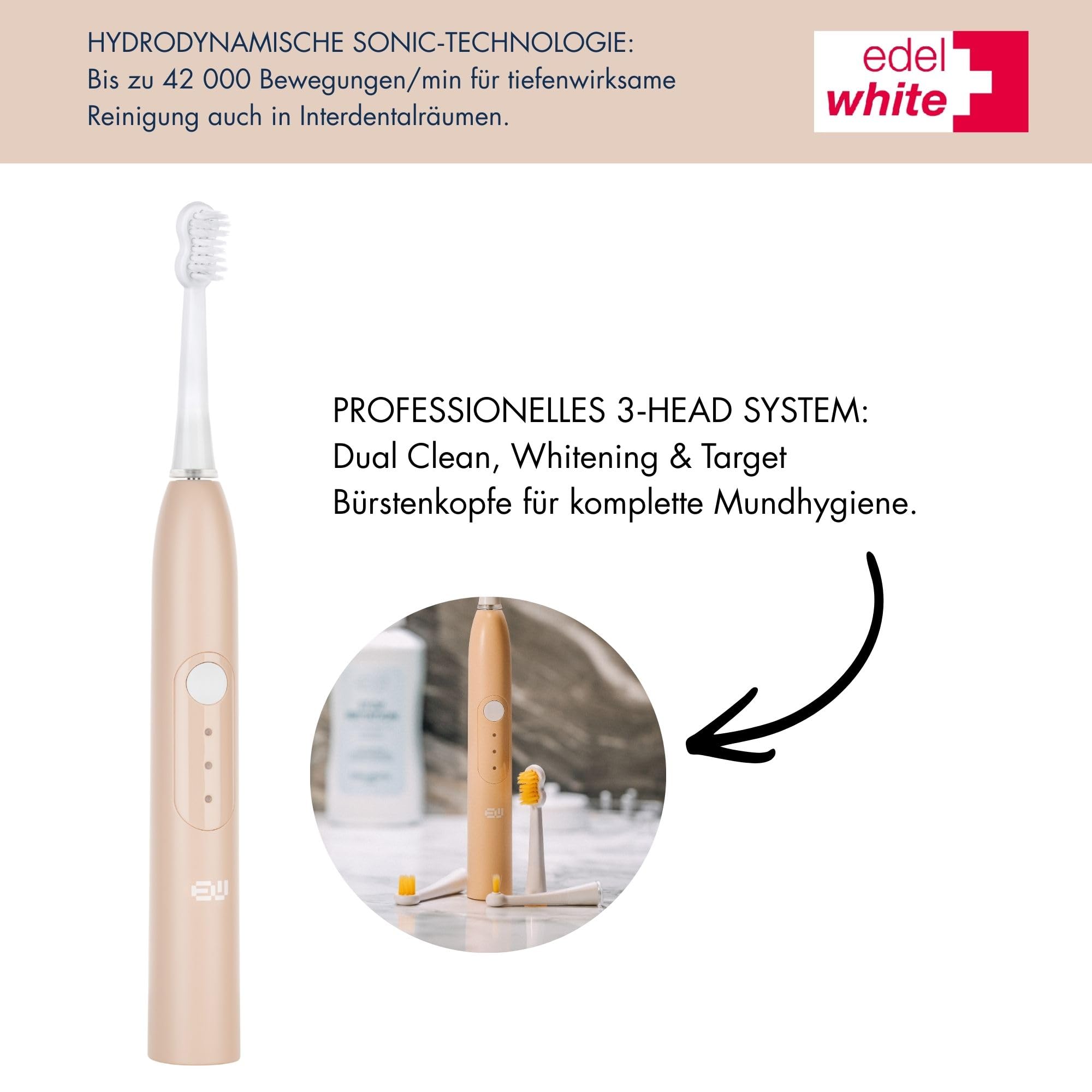 edel + white swiss EW‑SG9 Viva Sonic Toothbrush – Schweizer Hydrodynamische Schallzahnbürste mit 3 Professionellen Bürstenköpfen, USB Direktladung & Massage‑Modus – Kompakt & Leistungsstark (Rosa)
