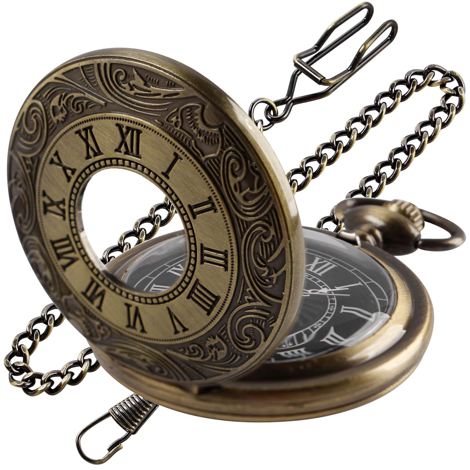 Vintage Roman Number Quartz Steampunk Pocket Watch with Chain for Men Birthday Christmas Gifts