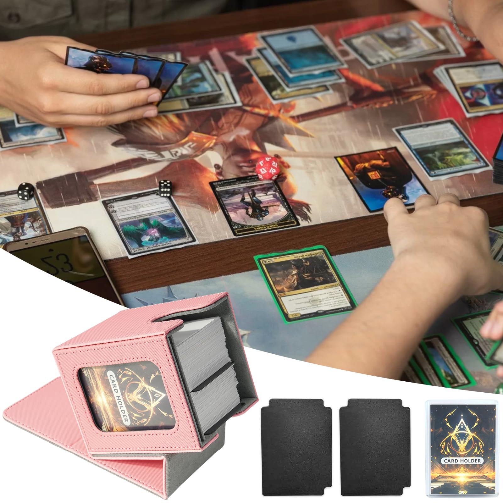 Scatola porta carte per MTG Commander, scatola magnetica per carte di credito, contiene 100 carte a doppia manica, rosa e grigio