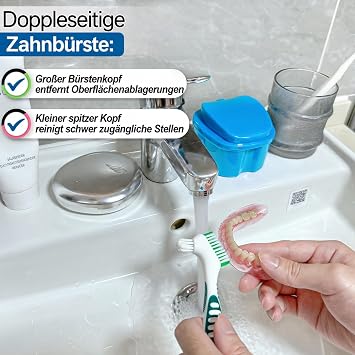 Denture Cups for Soaking Dentures, Partial Denture Holder Case Retainer Mouthguard Cleaning Box Case with 2 Small Brushes - Blue and Dark Blue