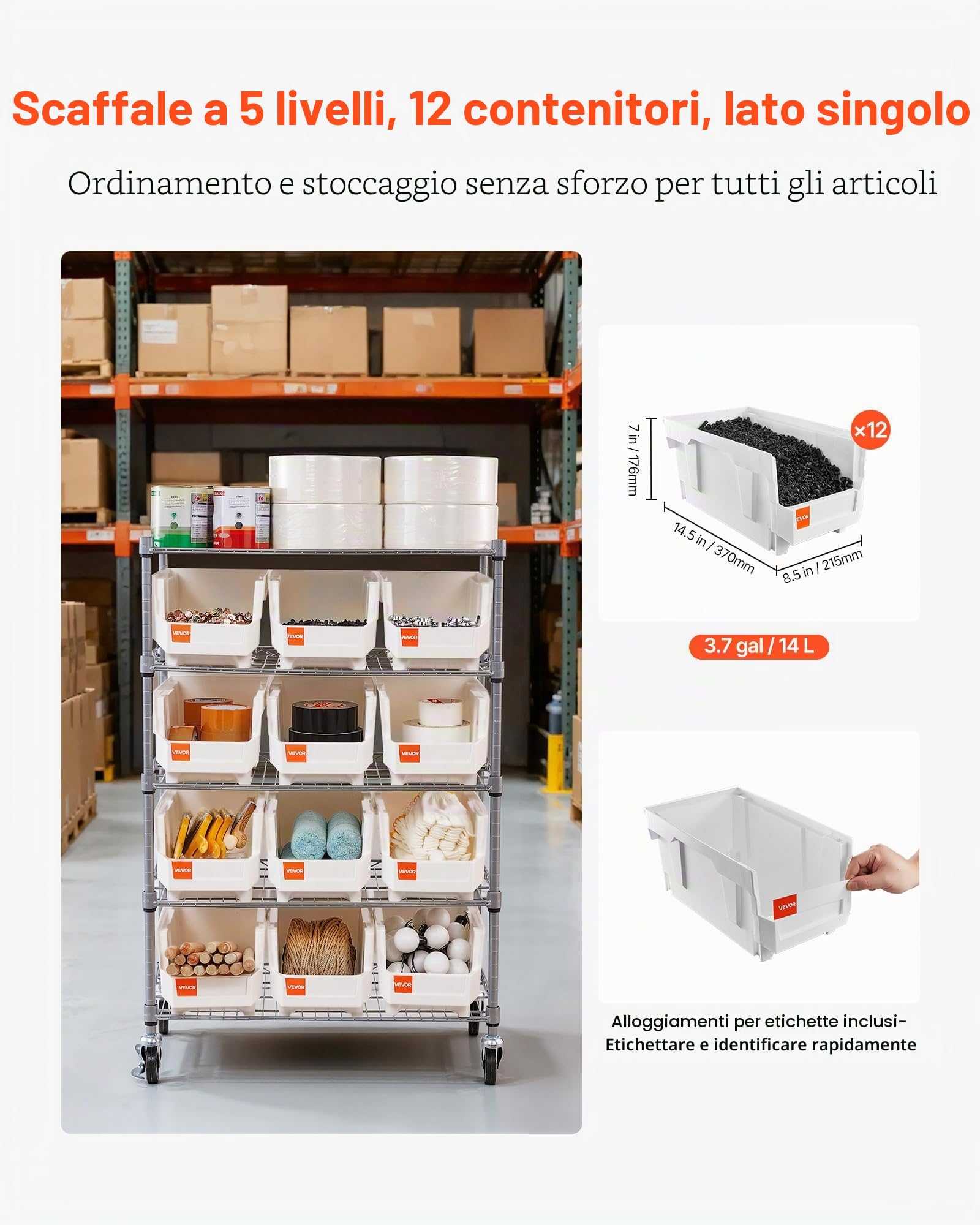 VEVOR Scaffale per Carichi Pesanti Portaoggetti con Ruote a 5 Ripiani, 12 Contenitori Portaoggetti, Sistema di Scaffalature in Filo d'Acciaio, per Garage, Magazzino, Ufficio, Ristorante, Aula, Cucina