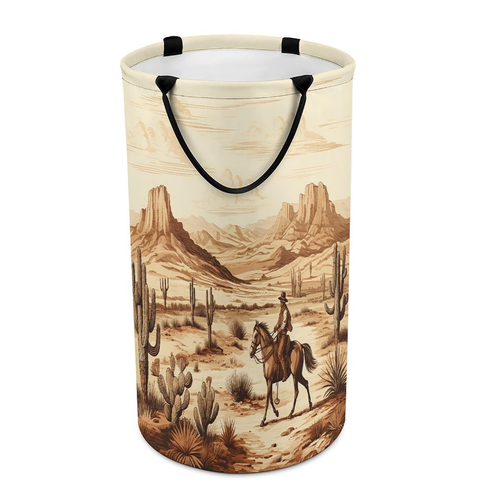 West Desert Cactus with Cowboys Riding Horses Laundry Basket with Handles Large Collapsible Laundry Bag Freestanding Waterproof Clothes Hamper Decor Storage of Dirty Clothe for Family Bathroom 86L